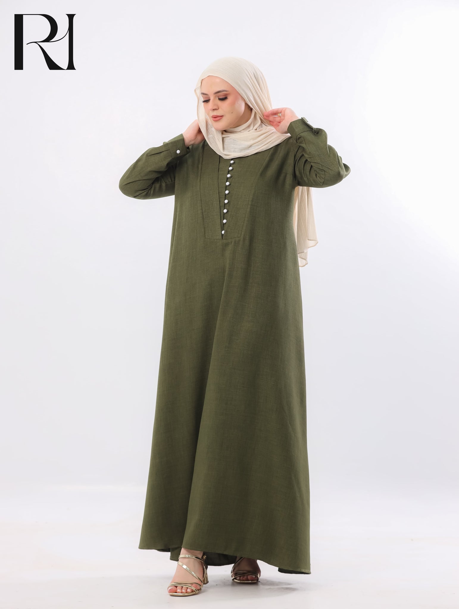 Rania Pearl Button Linen-Blend Maxi Dress – Olive Green