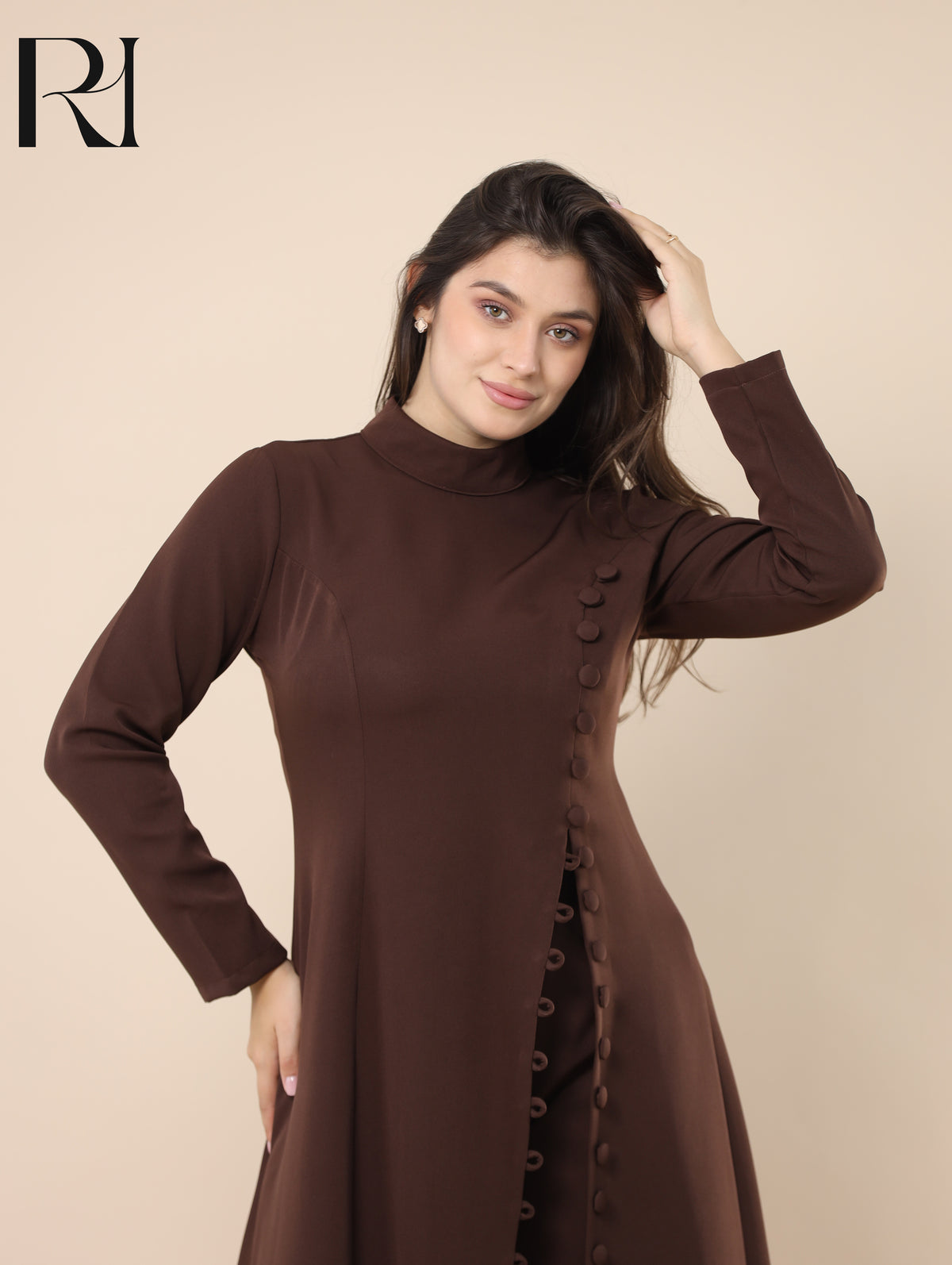 NUHA TAILORED SMOOTH CREPE TUNIC & PANTS SET - CHOCOLATE BROWN