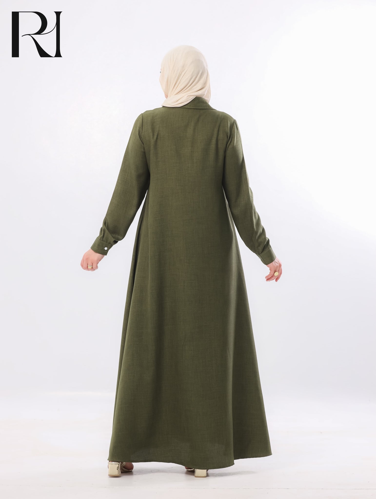 Rania Pearl Button Linen-Blend Maxi Dress – Olive Green
