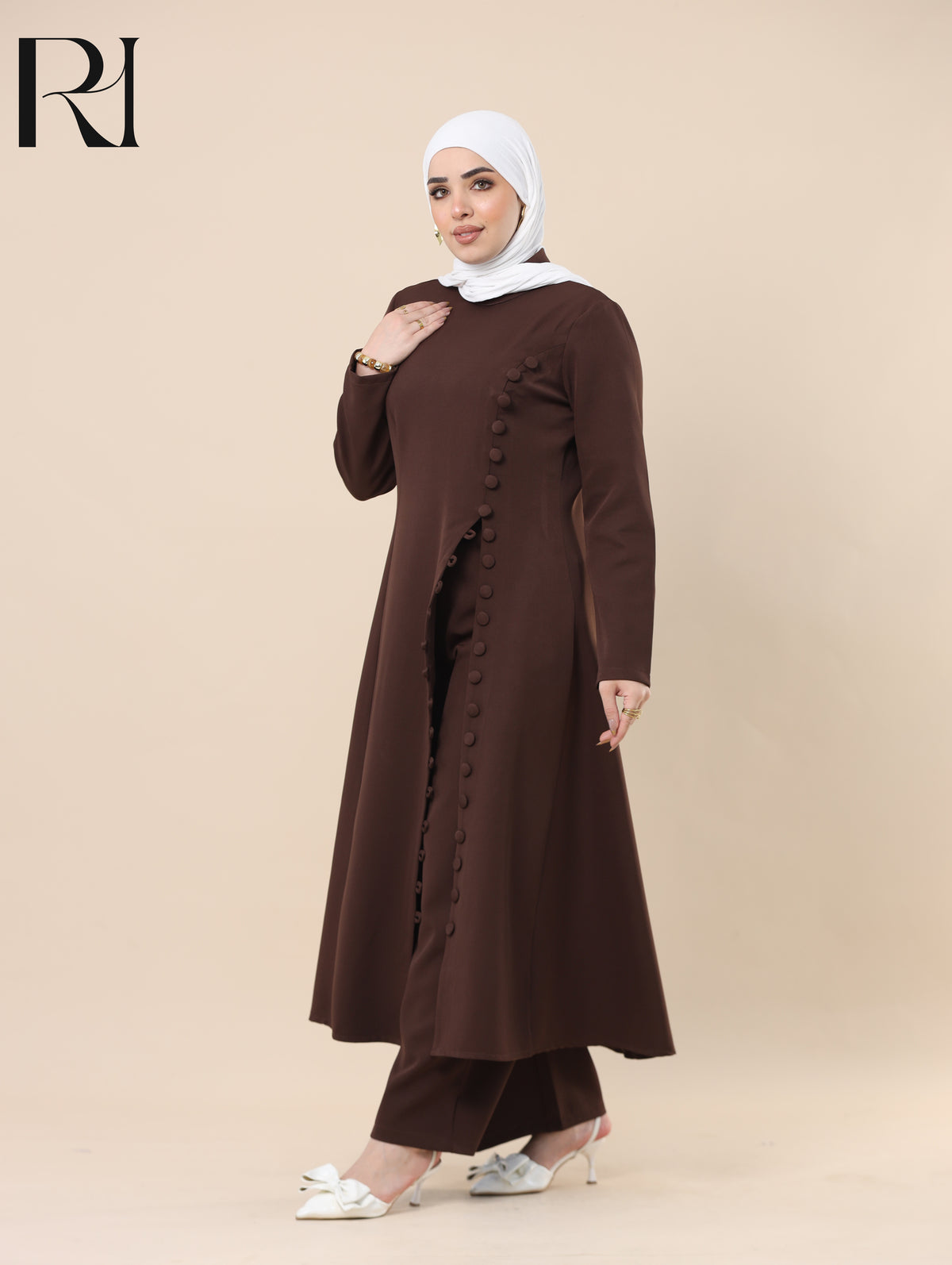 NUHA TAILORED SMOOTH CREPE TUNIC & PANTS SET - CHOCOLATE BROWN