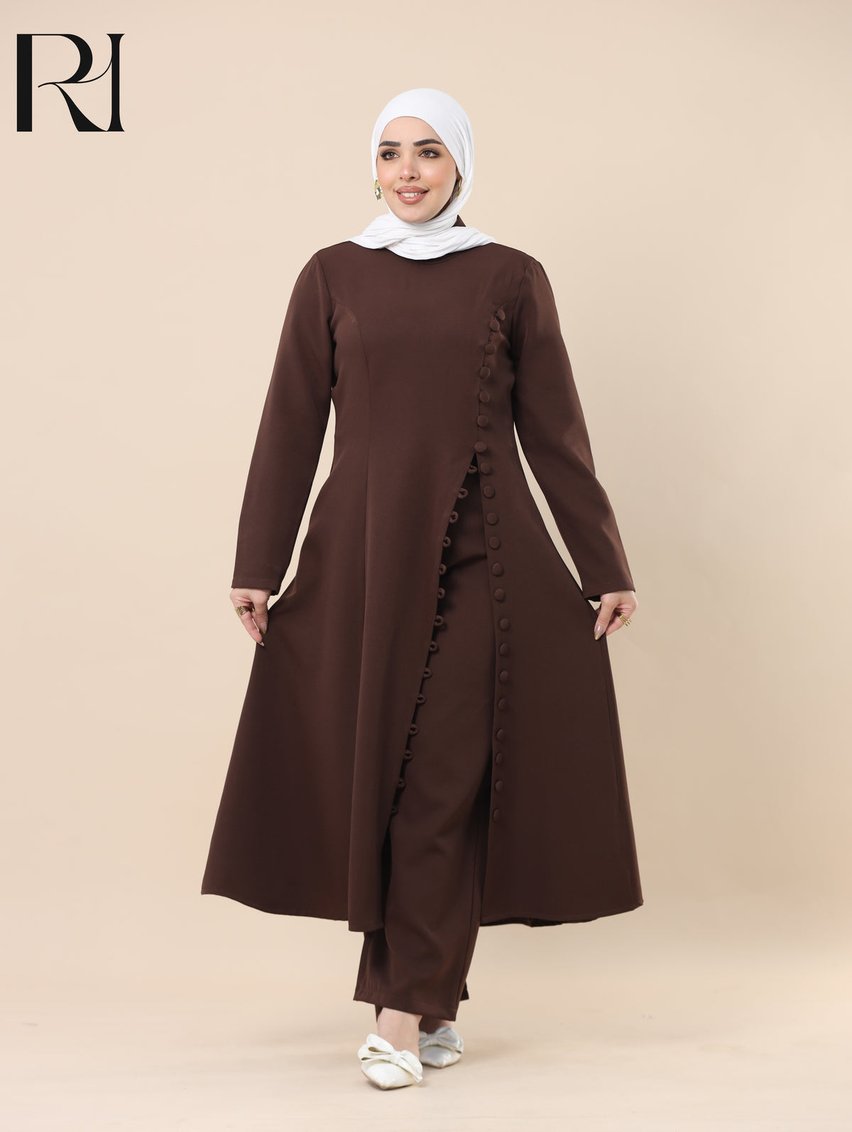 NUHA TAILORED SMOOTH CREPE TUNIC & PANTS SET - CHOCOLATE BROWN
