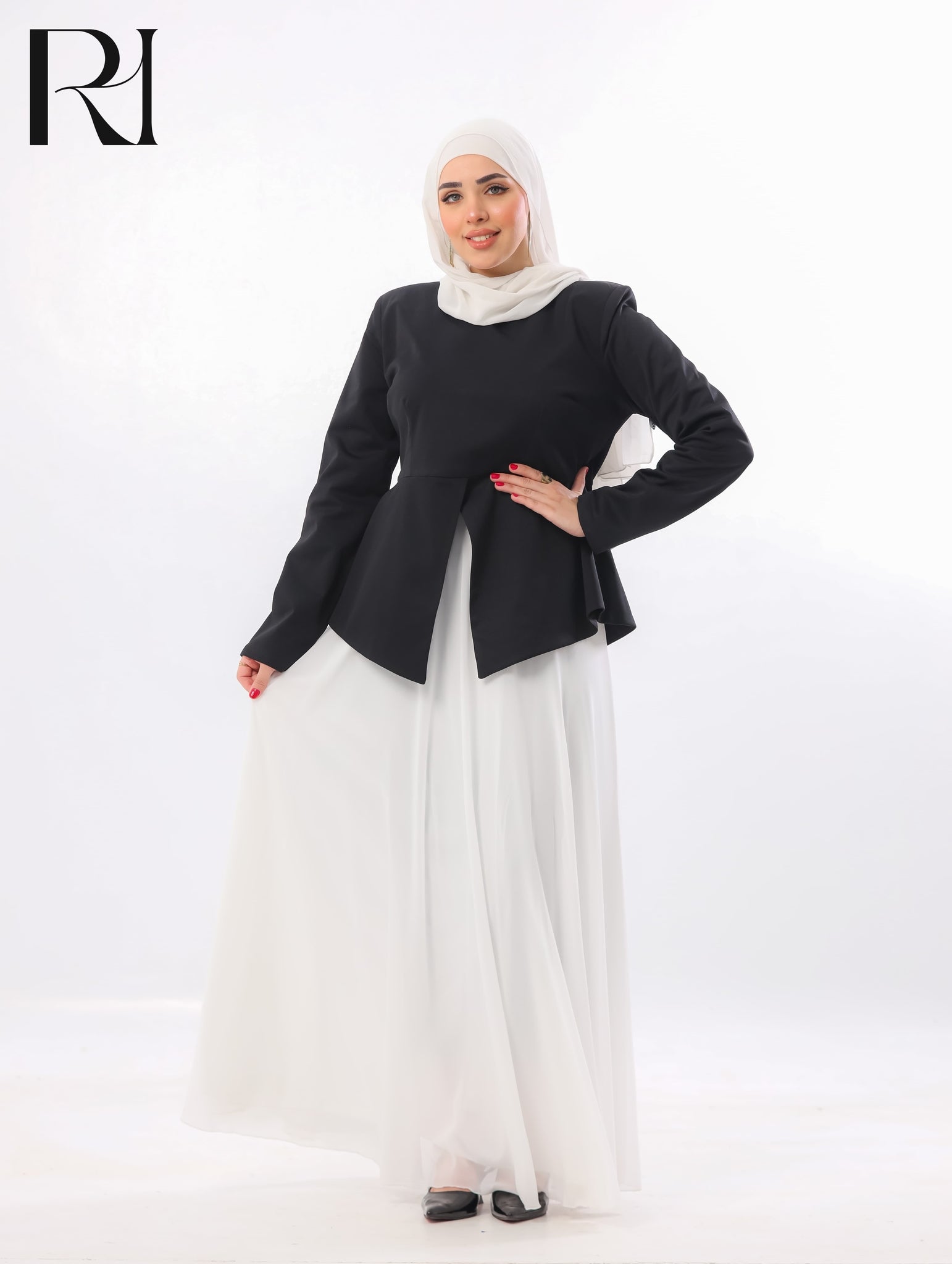 Lina Peplum Modest Skirt Set – Black & White