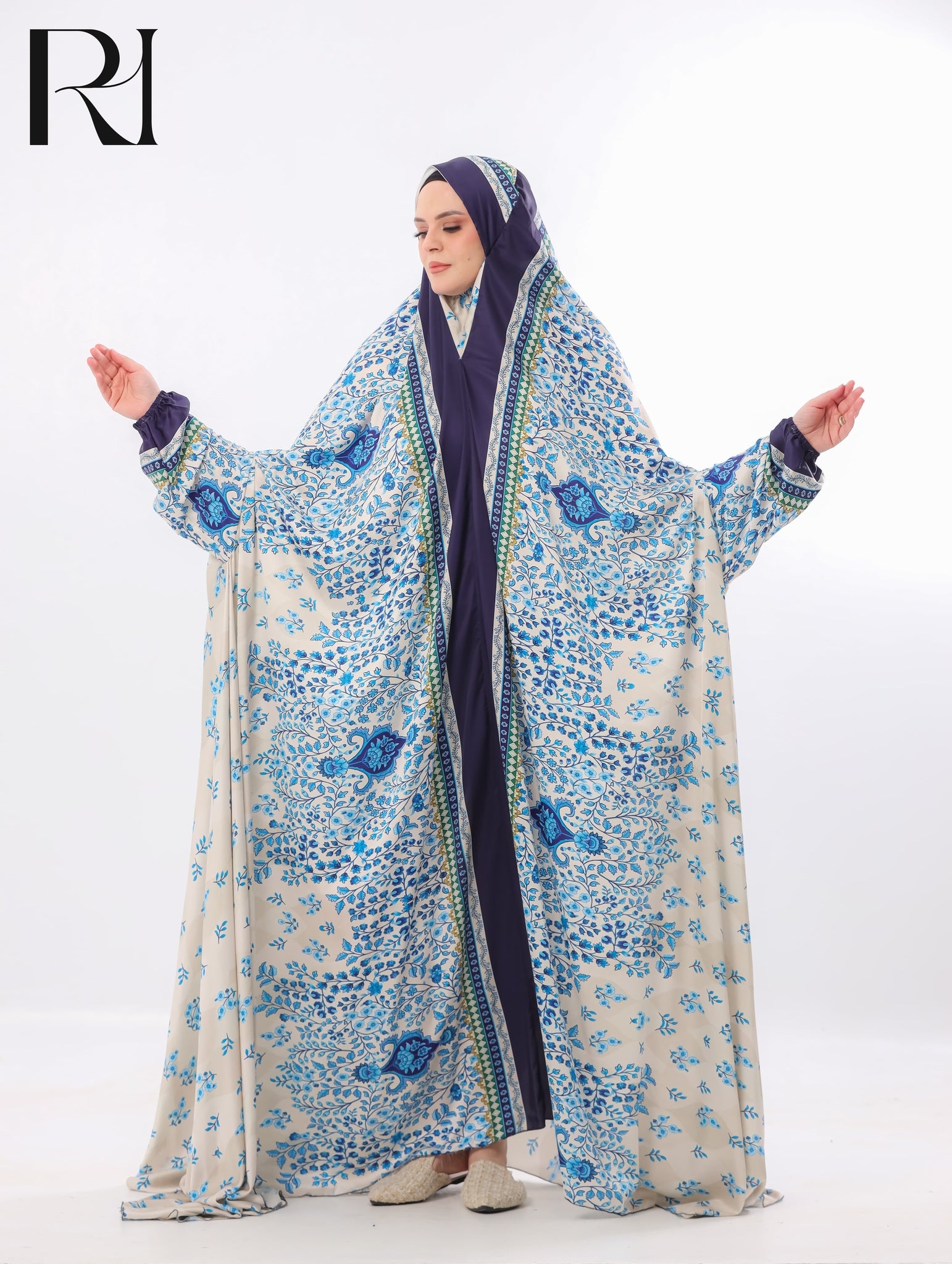 Noor Azure Blended Satin Prayer Gown – Blue