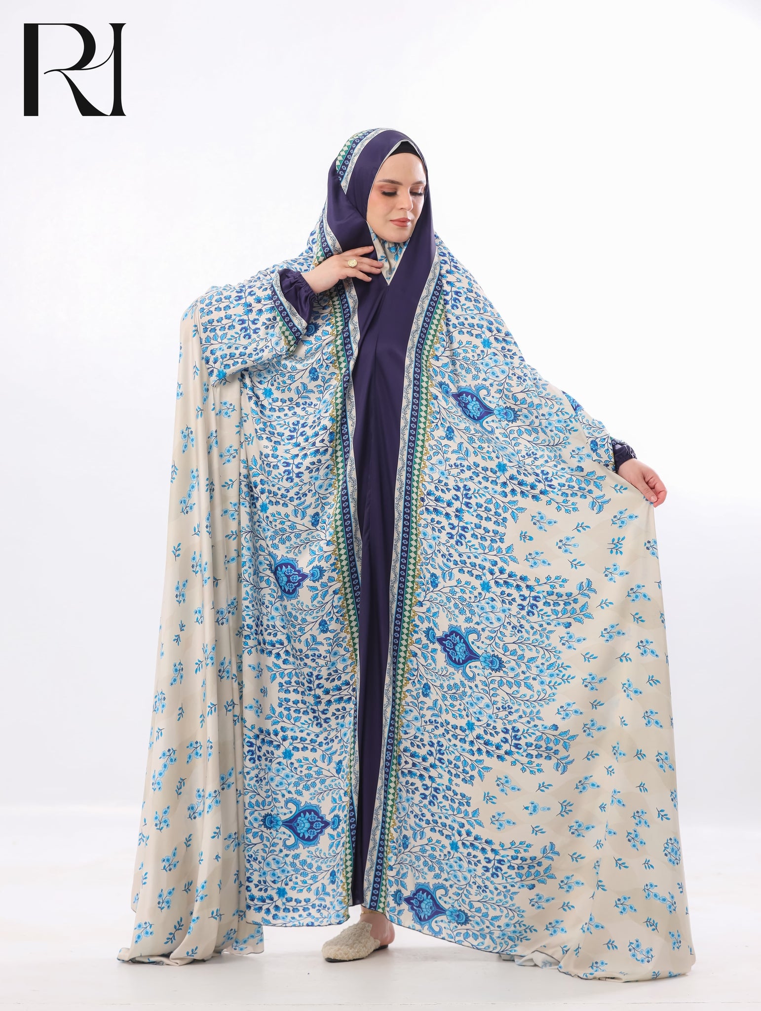Noor Azure Blended Satin Prayer Gown – Blue