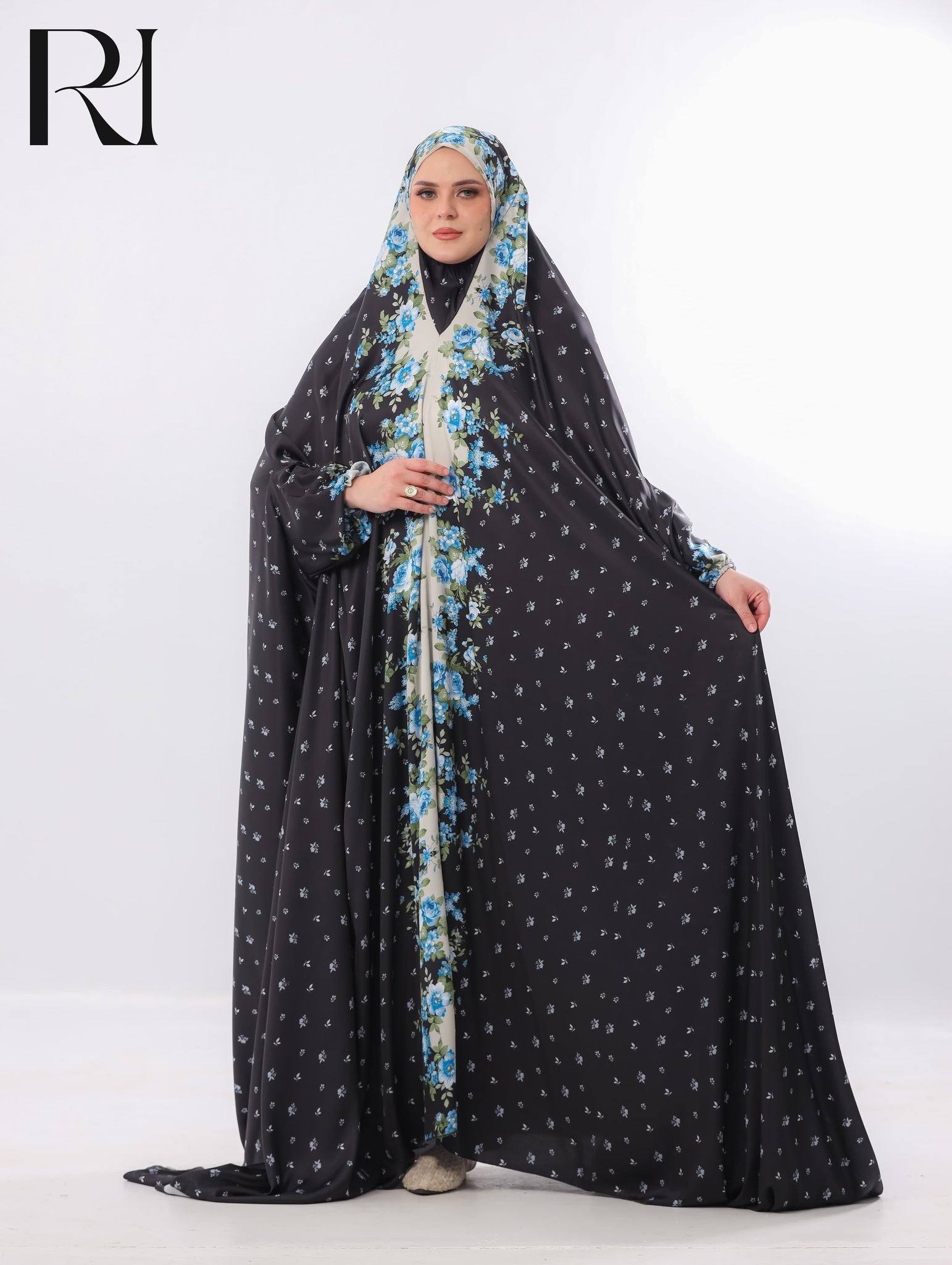 Noor Midnight Blue Bloom Blended Satin Prayer Gown – Black
