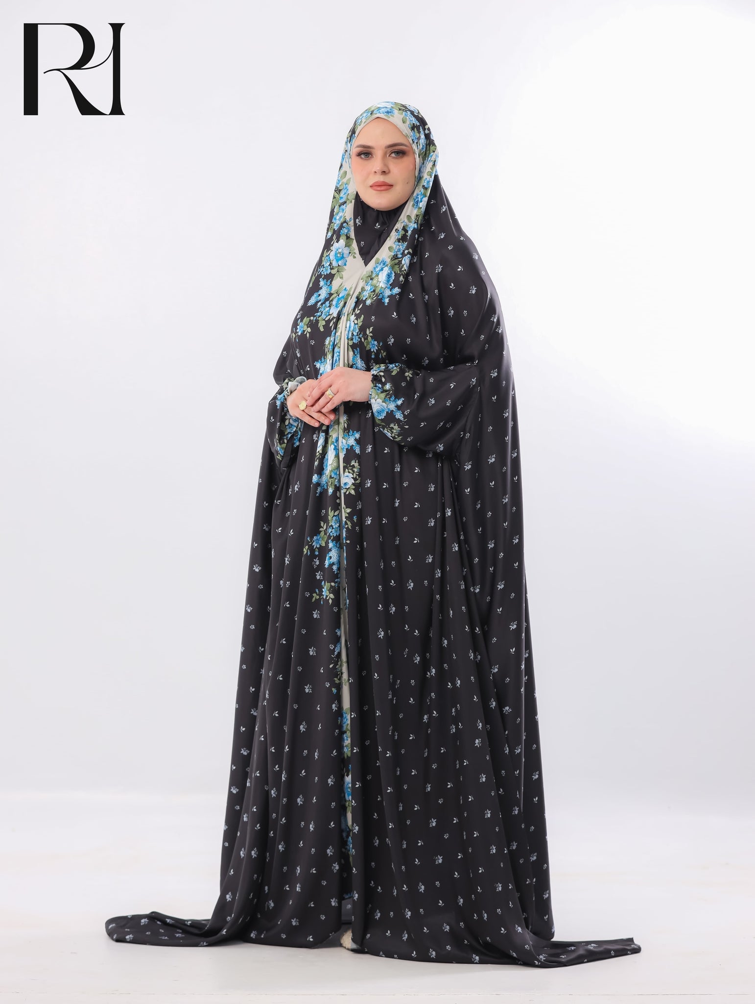 Noor Midnight Blue Bloom Blended Satin Prayer Gown – Black