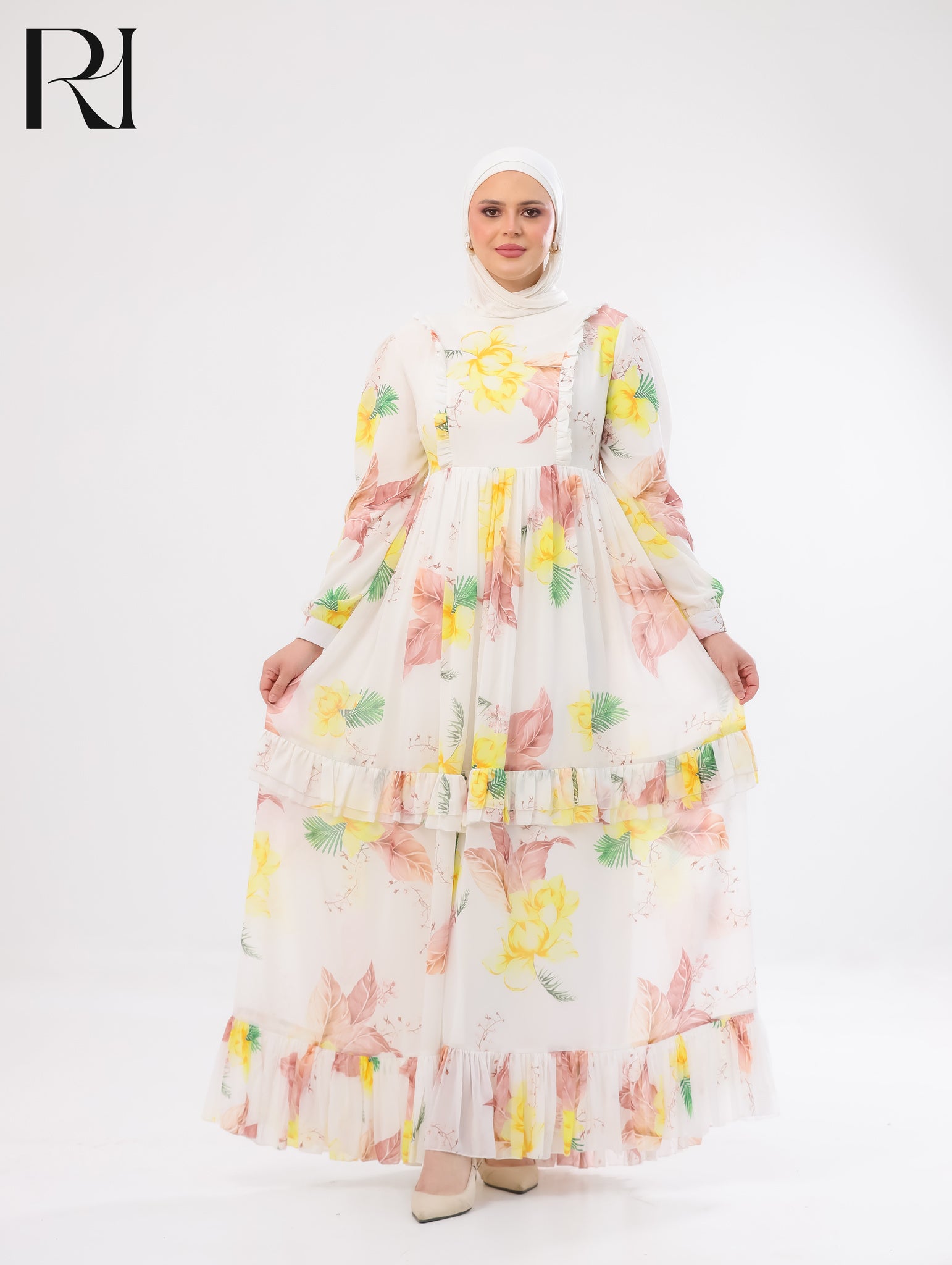 Haneen Floral Chiffon Maxi Dress – Ivory