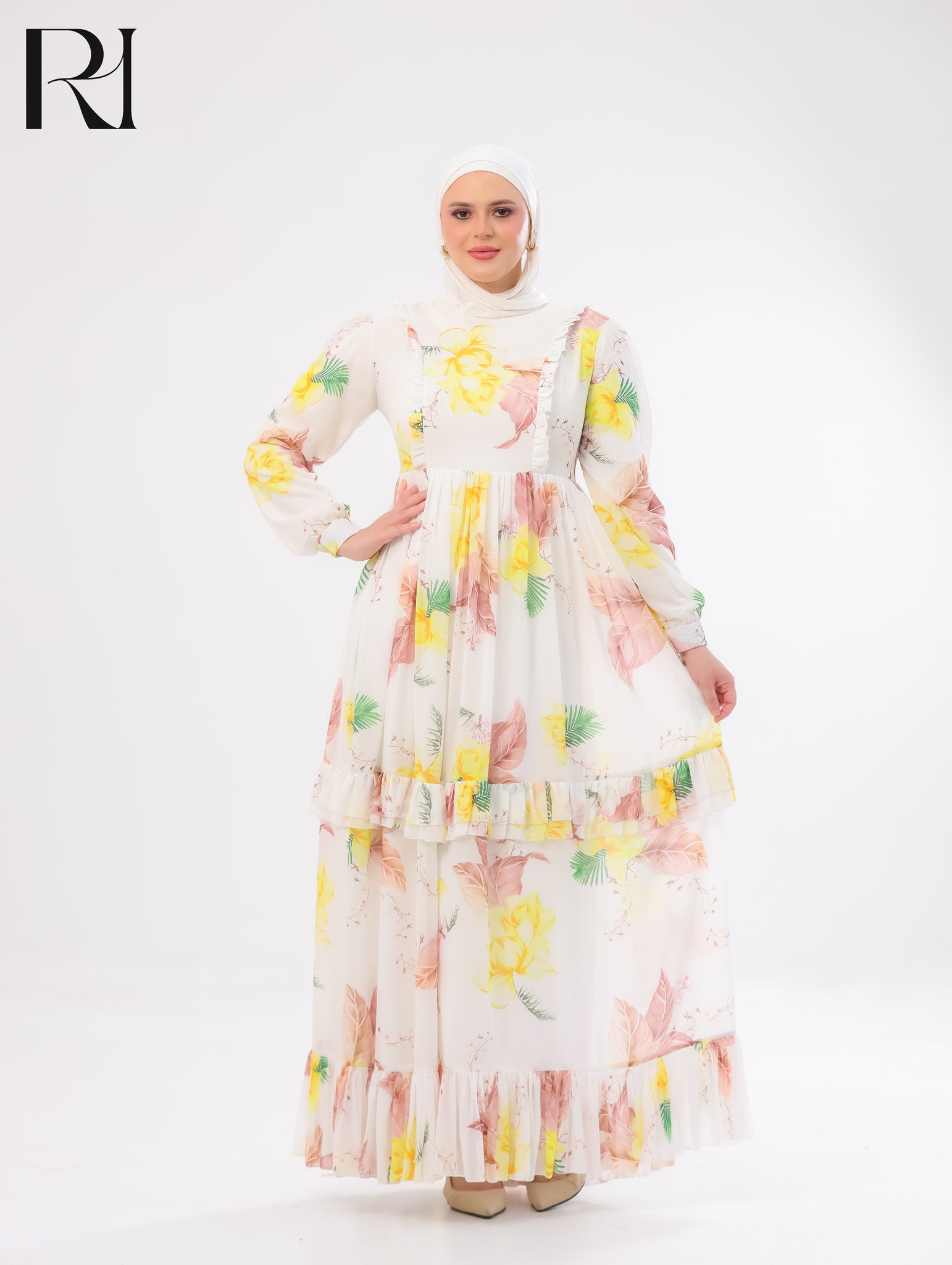 Haneen Floral Chiffon Maxi Dress – Ivory