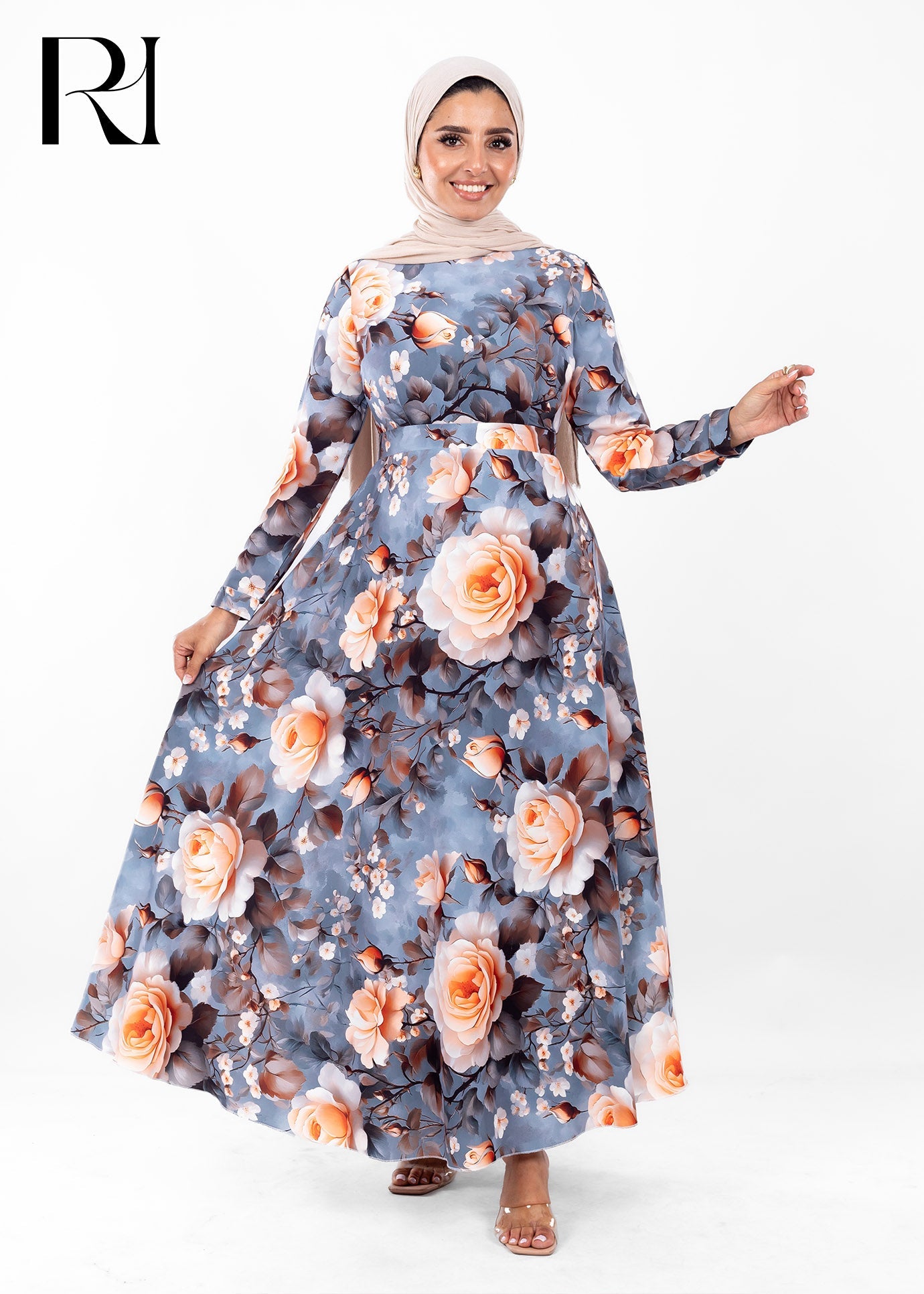 Sunset Bloom Floral Modest Maxi Dress US 6 / Smoky grey Sunset Bloom Floral Modest Maxi Dress US 6 / Smoky grey