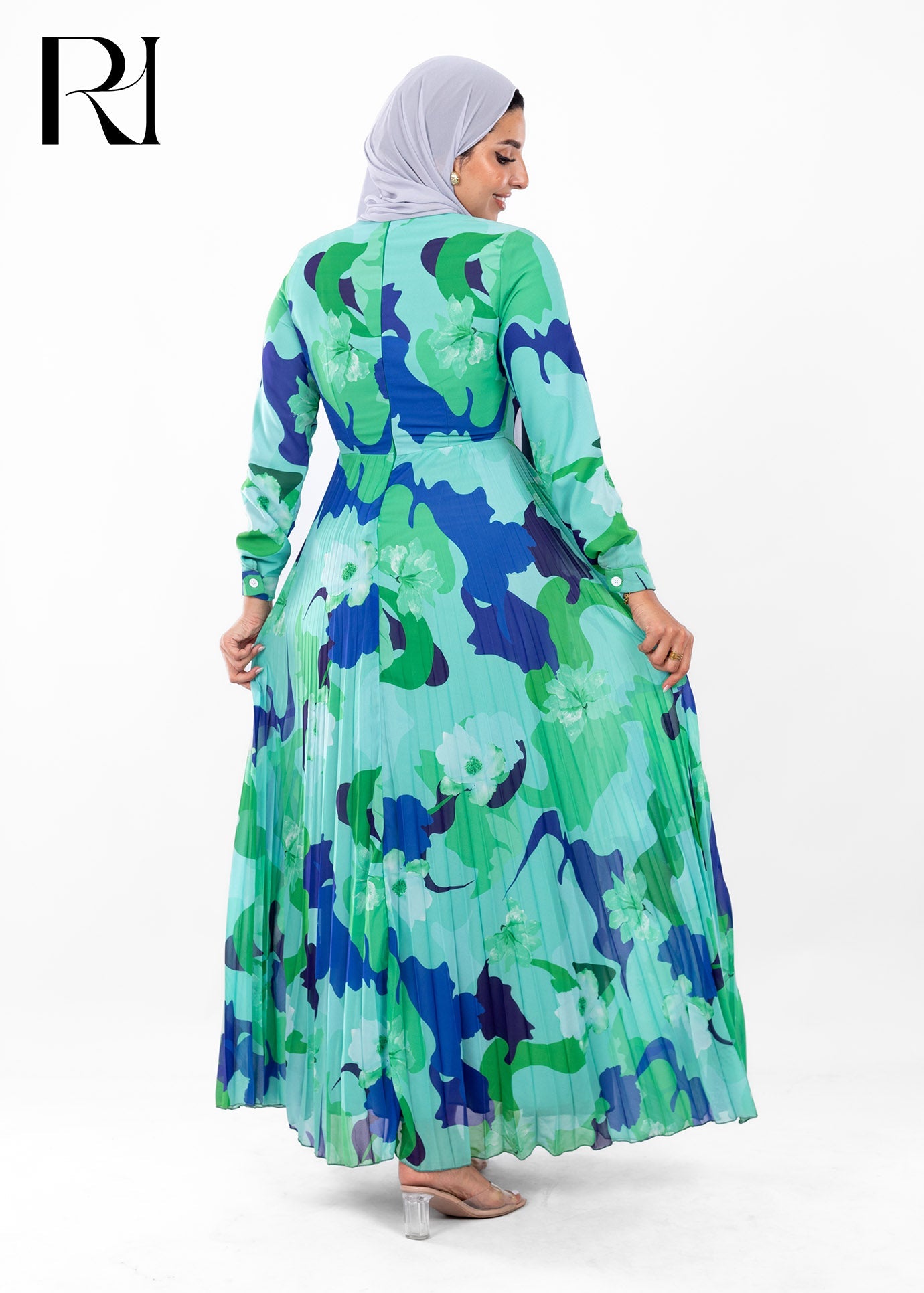 Ocean Breeze Abstract Pleated Modest Maxi Dress