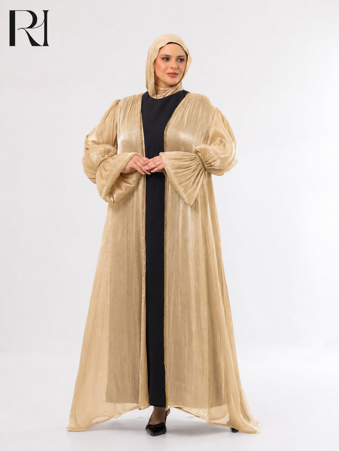 Majda Sheer Organza Abaya Set – Gold & Black