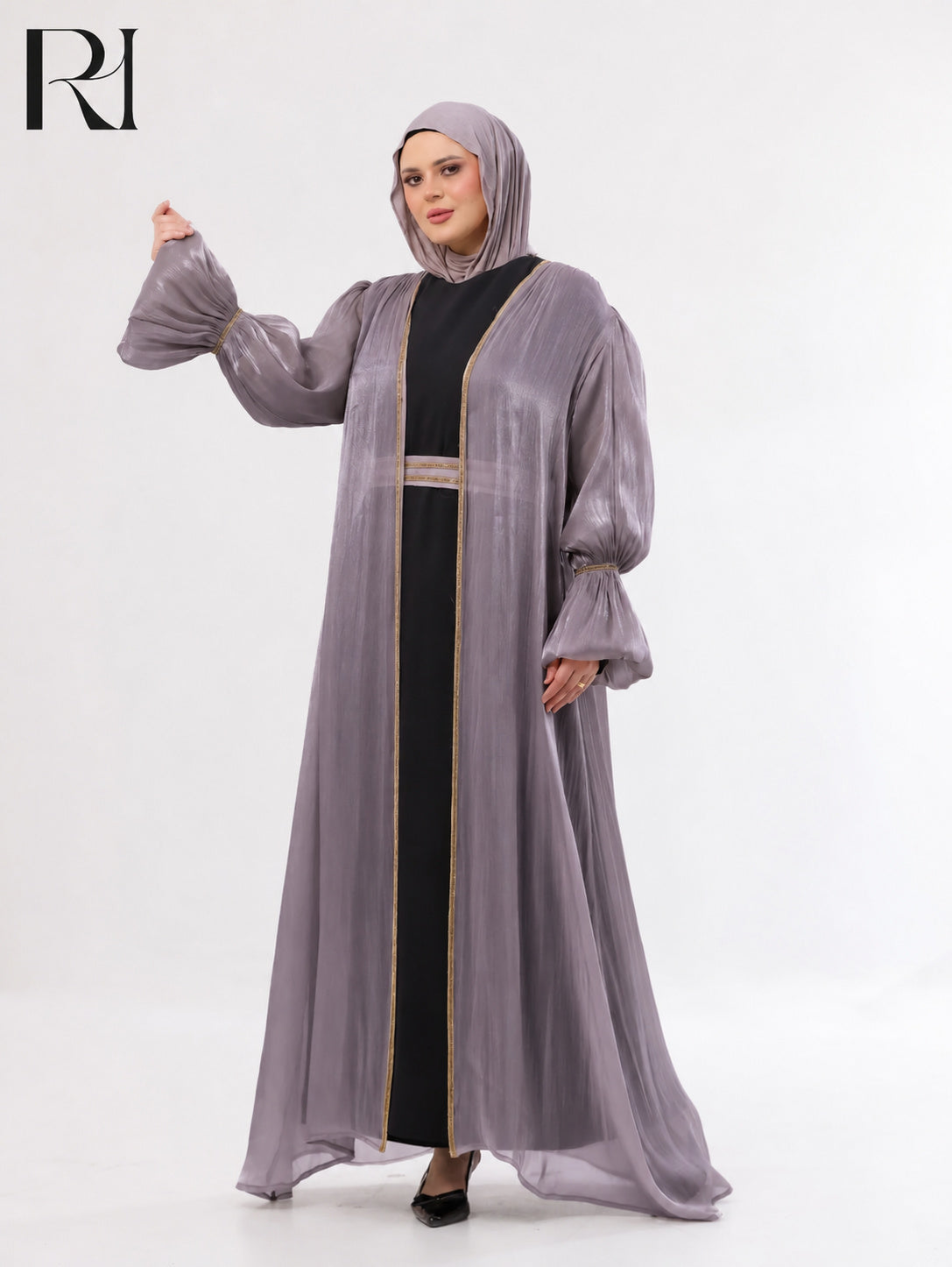 Majda Sheer Organza Abaya Set – Lavender & Black
