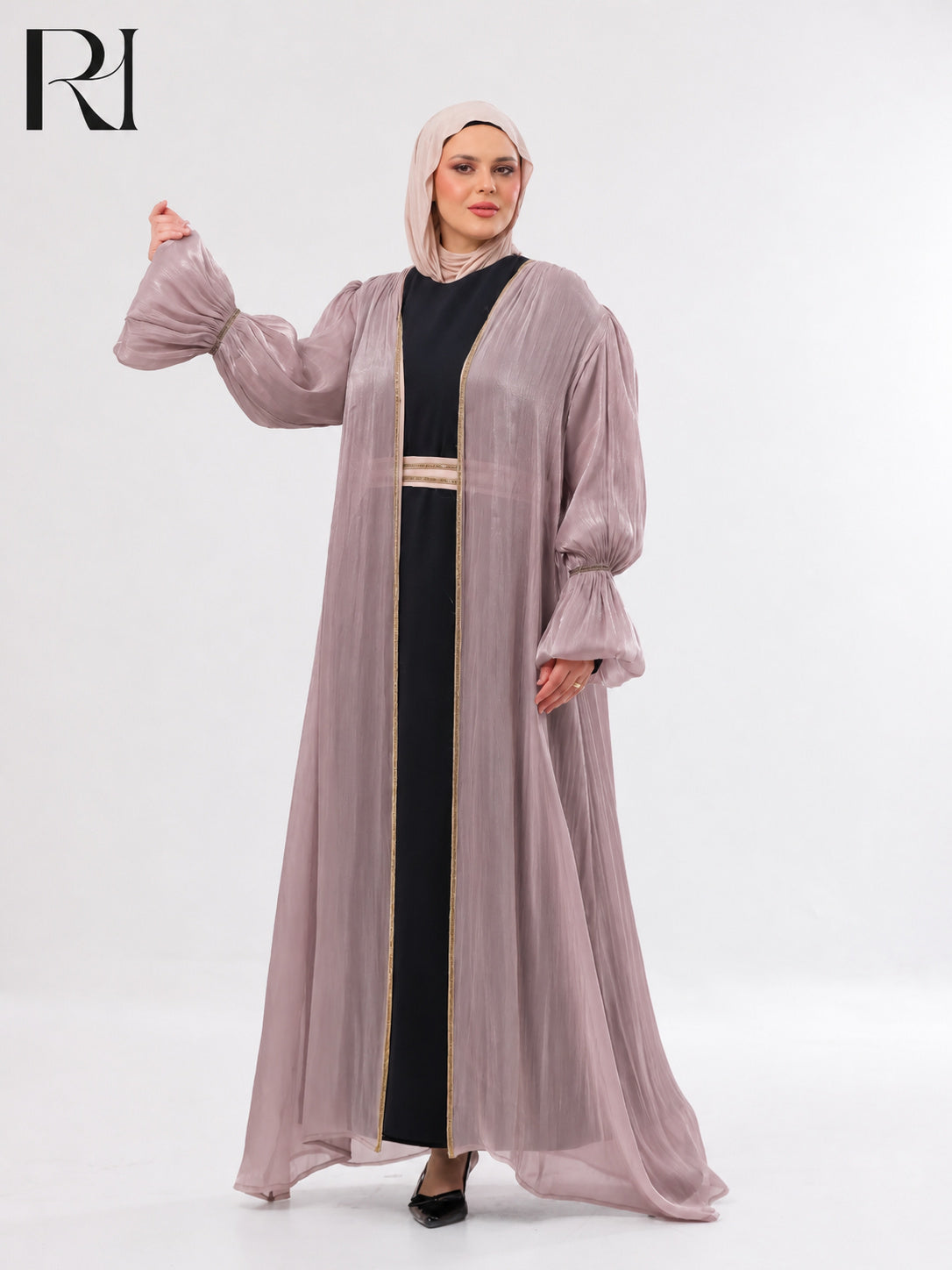 Majda Sheer Organza Abaya Set – Lavender & Black