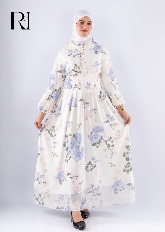 Aisha White Floral Print Maxi Dress with High Neck Modest Fashion - Ruehaya