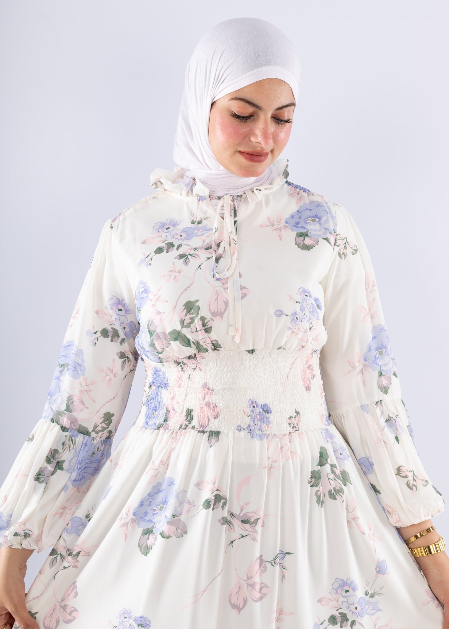 Aisha White Floral Print Maxi Dress with High Neck Modest Fashion - Ruehaya