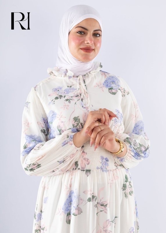 Aisha White Floral Print Maxi Dress with High Neck Modest Fashion - Ruehaya