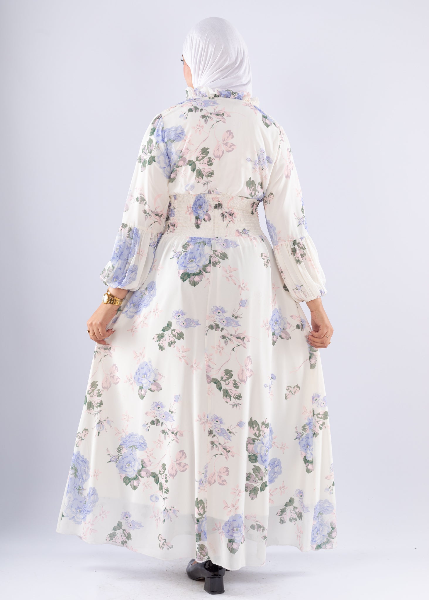 Aisha White Floral Print Maxi Dress with High Neck Modest Fashion - Ruehaya