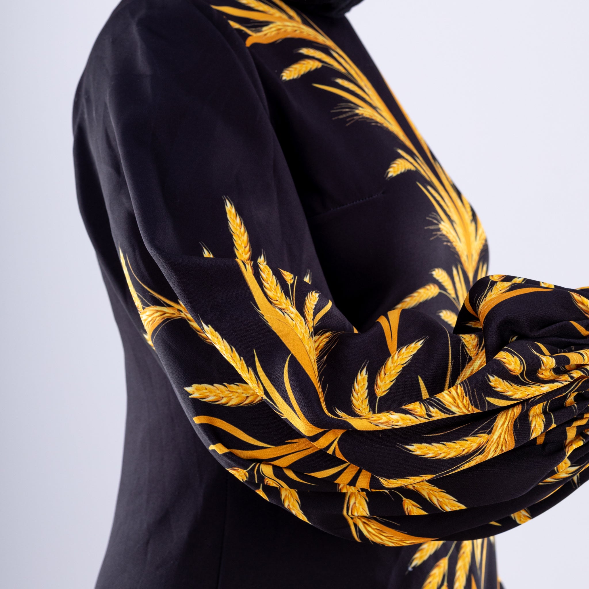 Amira Elegant Black Crepe Modesty Dress with Gold Leaf Detail - Ruehaya