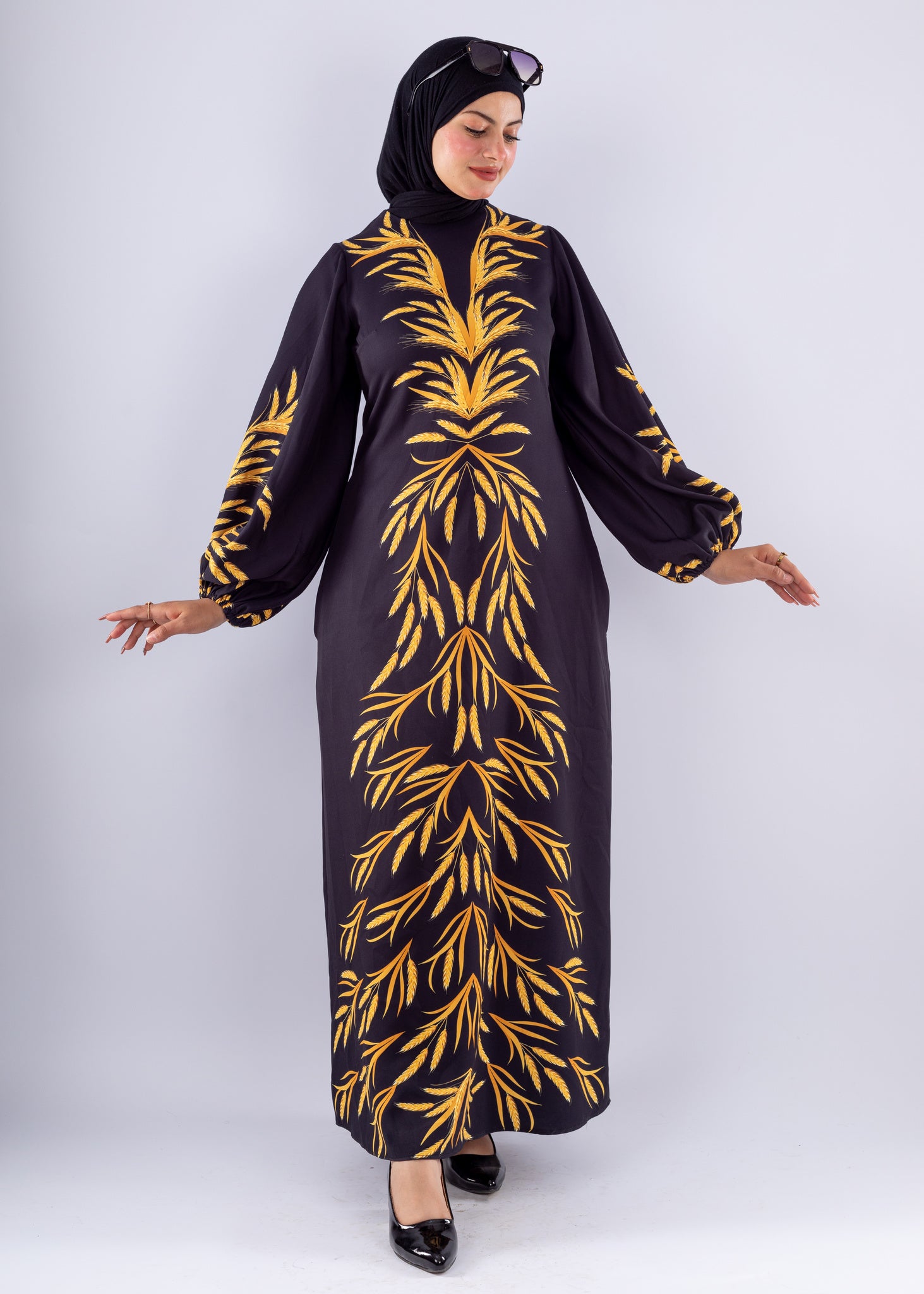 Amira Elegant Black Crepe Modesty Dress with Gold Leaf Detail - Ruehaya