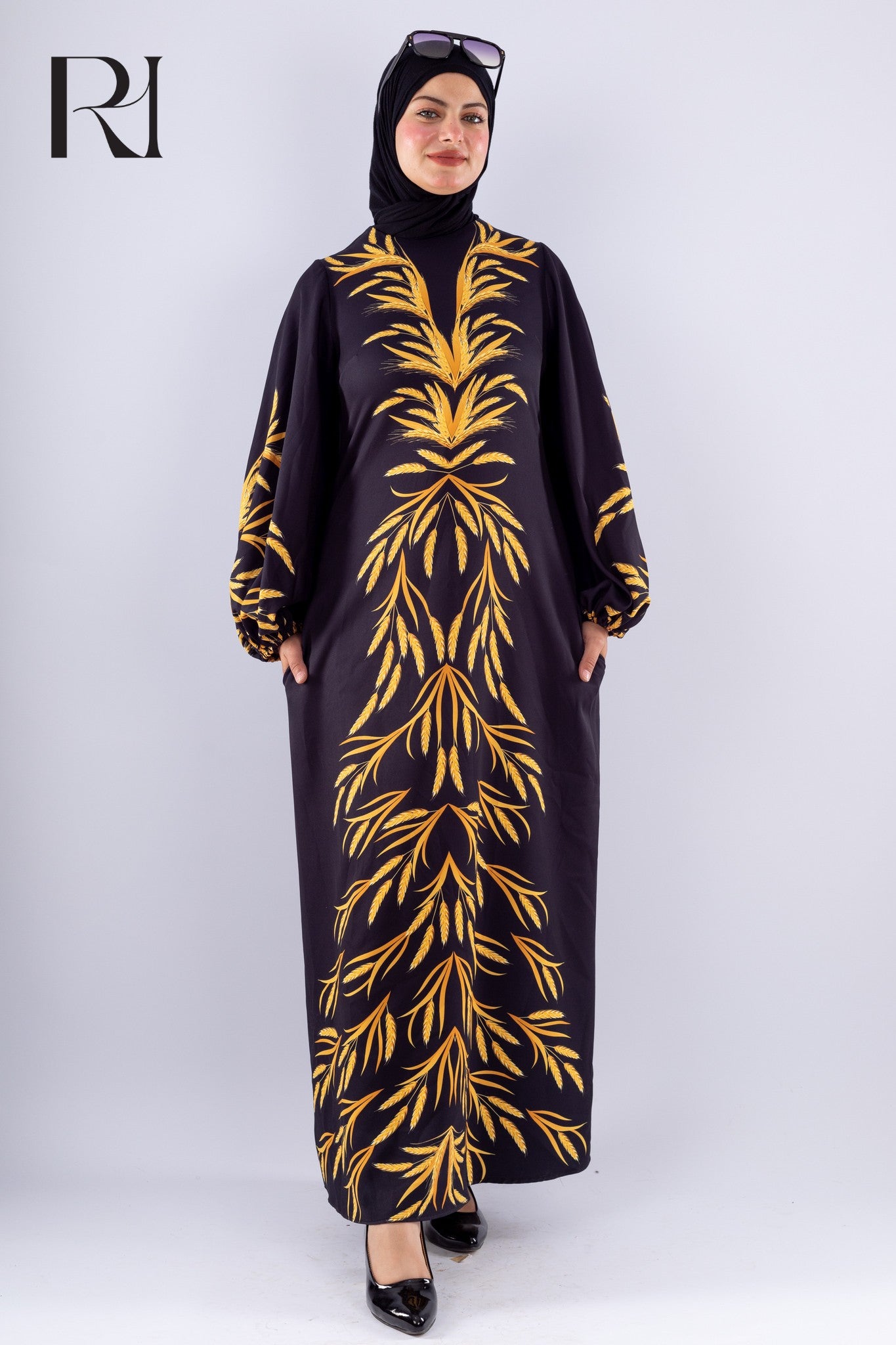 Amira Elegant Black Crepe Modesty Dress with Gold Leaf Detail - Ruehaya