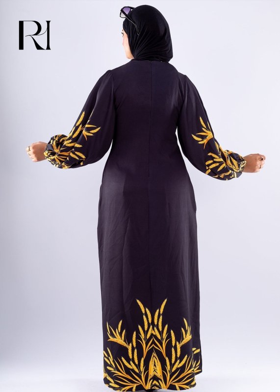 Amira Elegant Black Crepe Modesty Dress with Gold Leaf Detail - Ruehaya