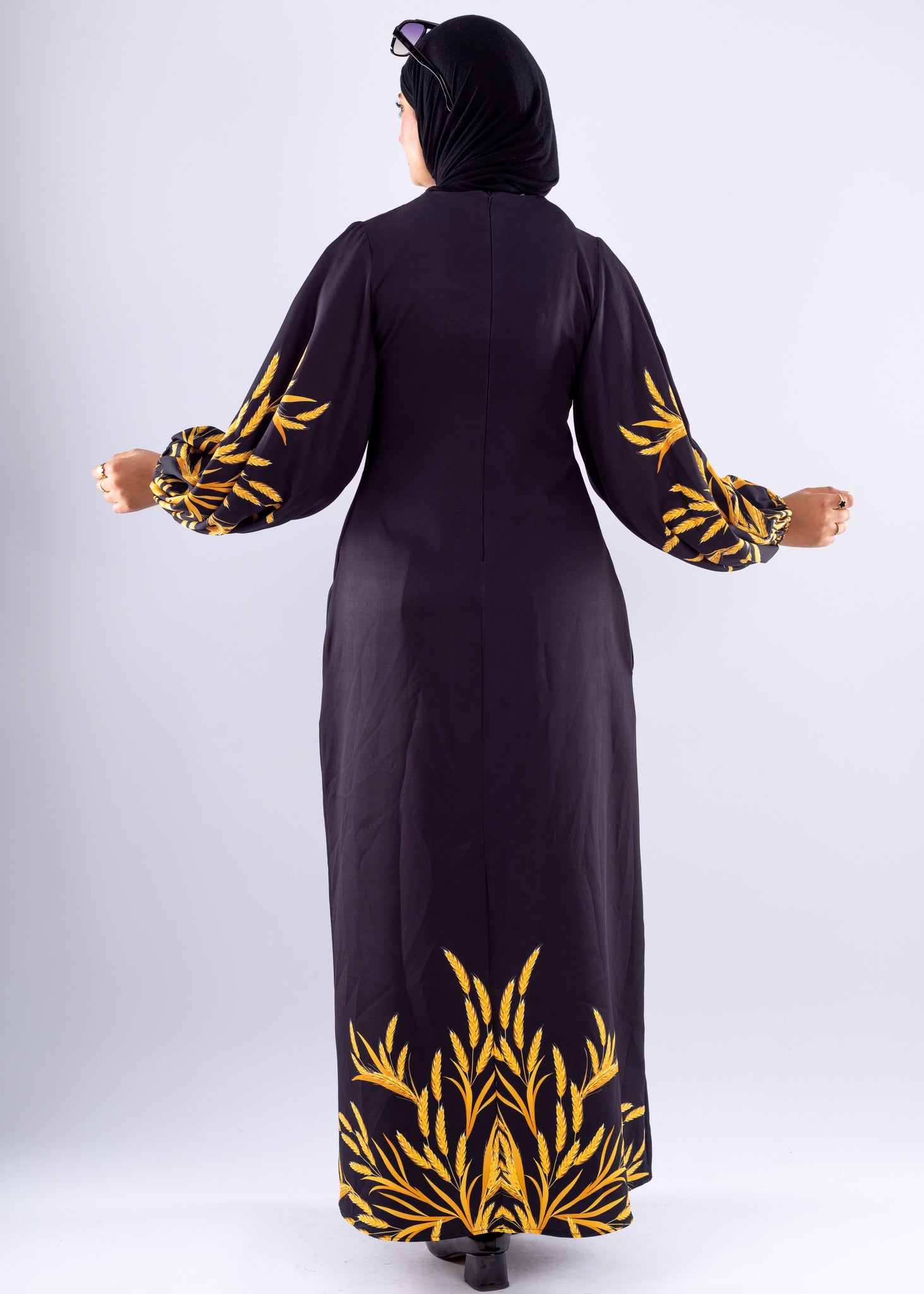 Amira Elegant Black Crepe Modesty Dress with Gold Leaf Detail - Ruehaya