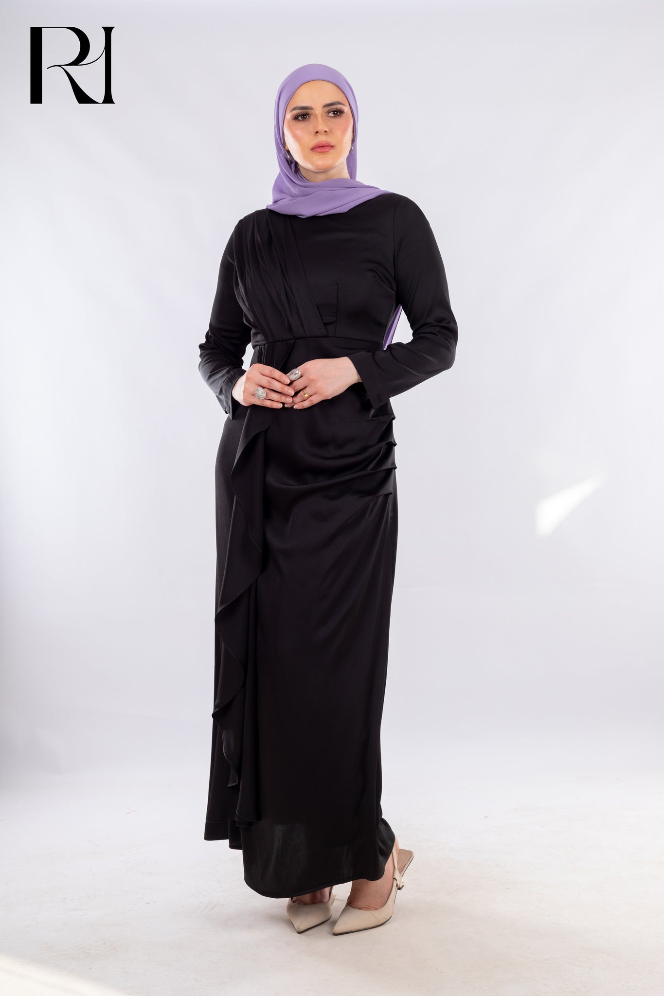 Asymmetric Black Draped Dress with Sculptural Flow - Ruehaya