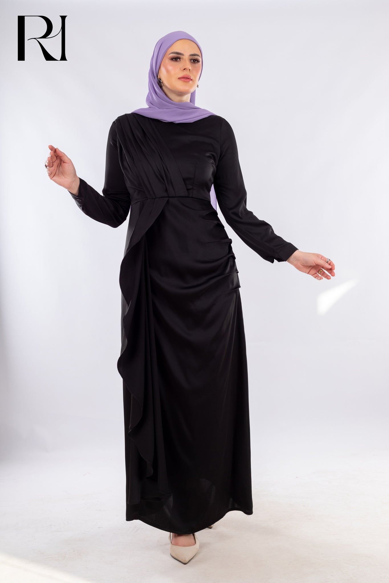 Asymmetric Black Draped Dress with Sculptural Flow - Ruehaya