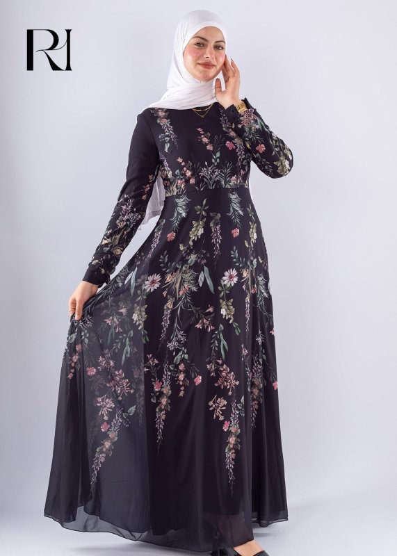 Aysal Floral Chiffon Maxi Dress Long Sleeve Modest Wear - Ruehaya