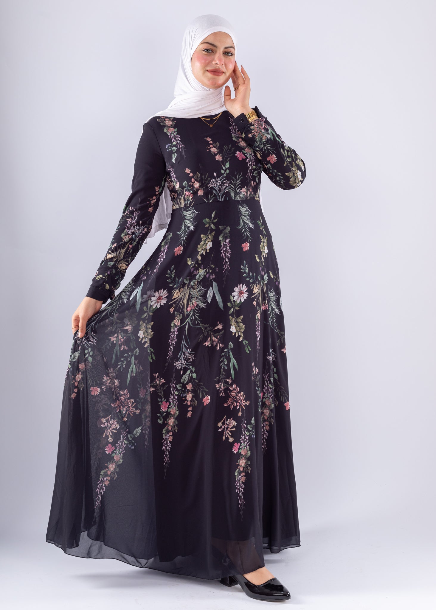 Aysal Floral Chiffon Maxi Dress Long Sleeve Modest Wear - Ruehaya
