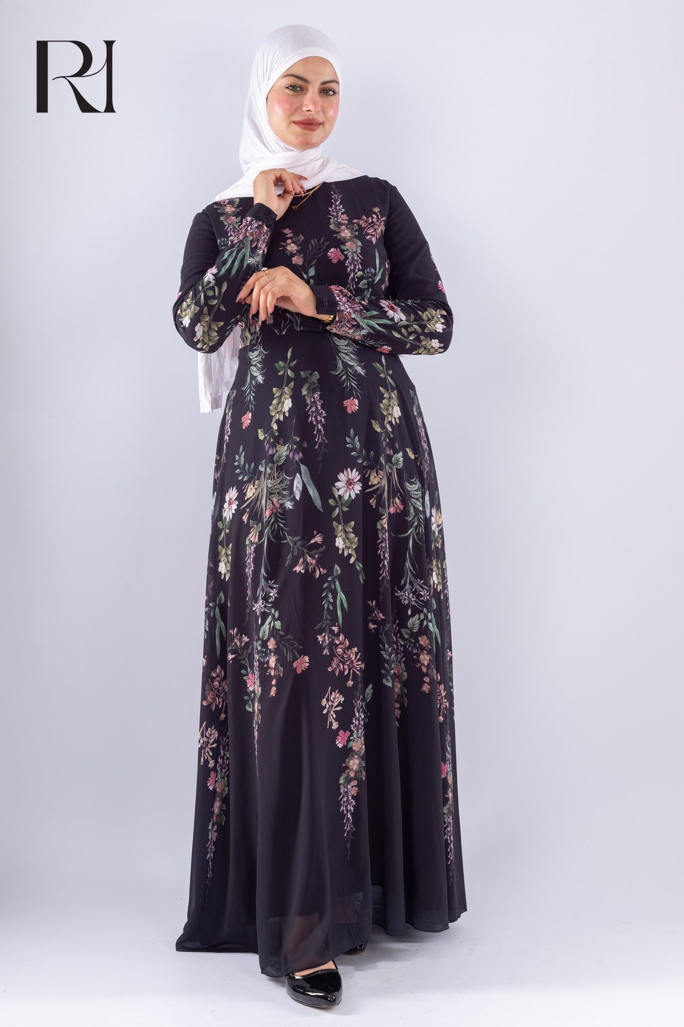 Aysal Floral Chiffon Maxi Dress Long Sleeve Modest Wear - Ruehaya