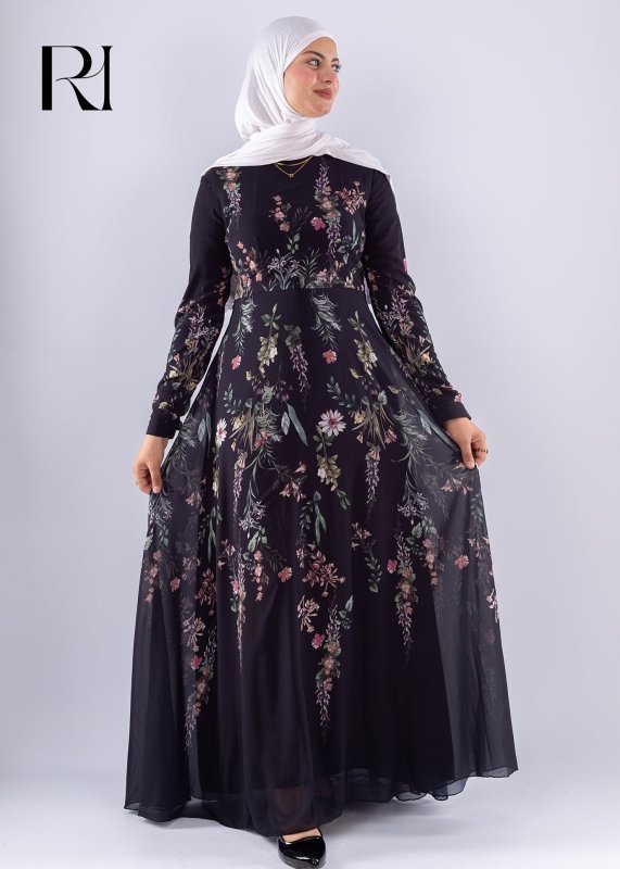 Aysal Floral Chiffon Maxi Dress Long Sleeve Modest Wear - Ruehaya