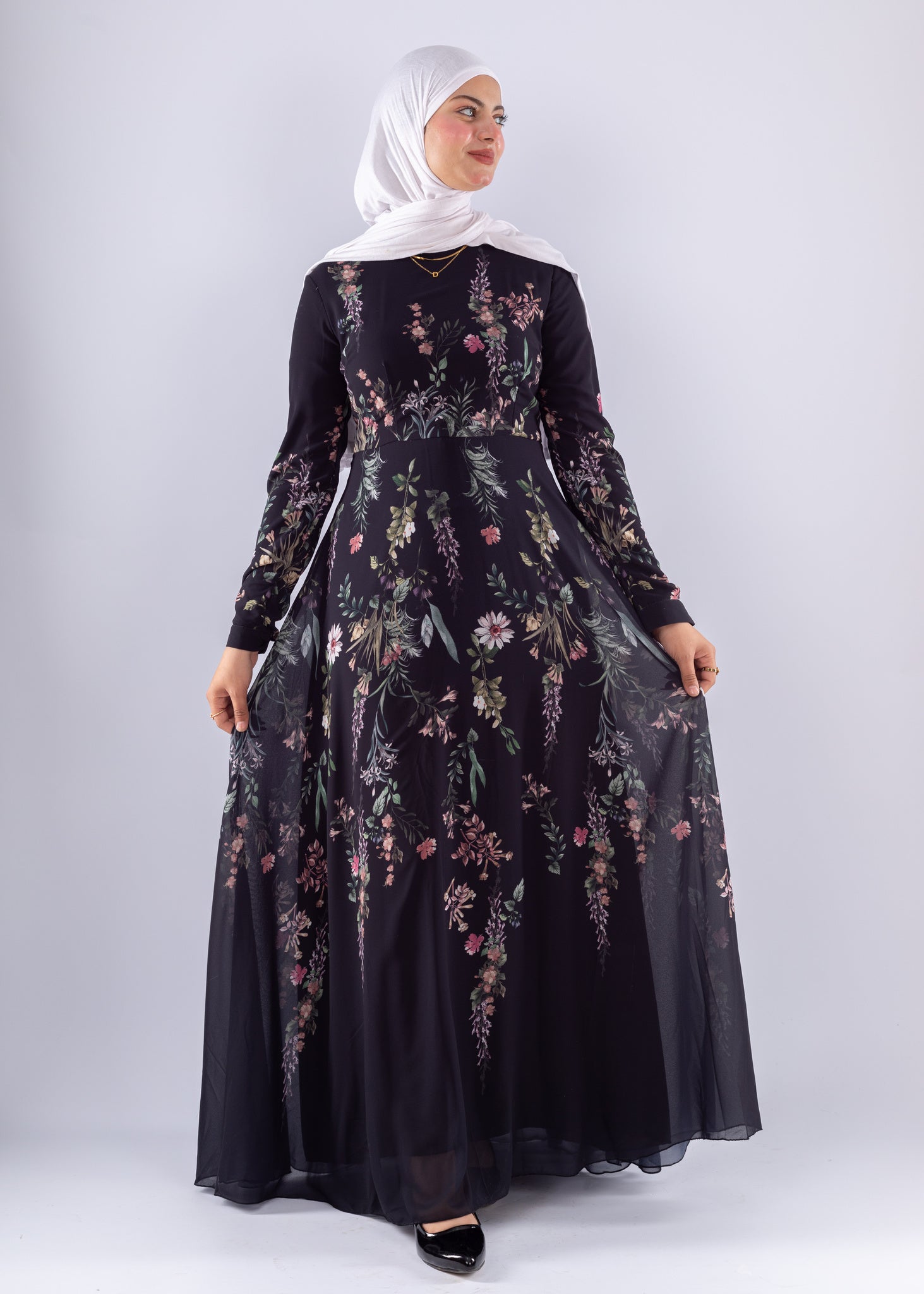 Aysal Floral Chiffon Maxi Dress Long Sleeve Modest Wear - Ruehaya