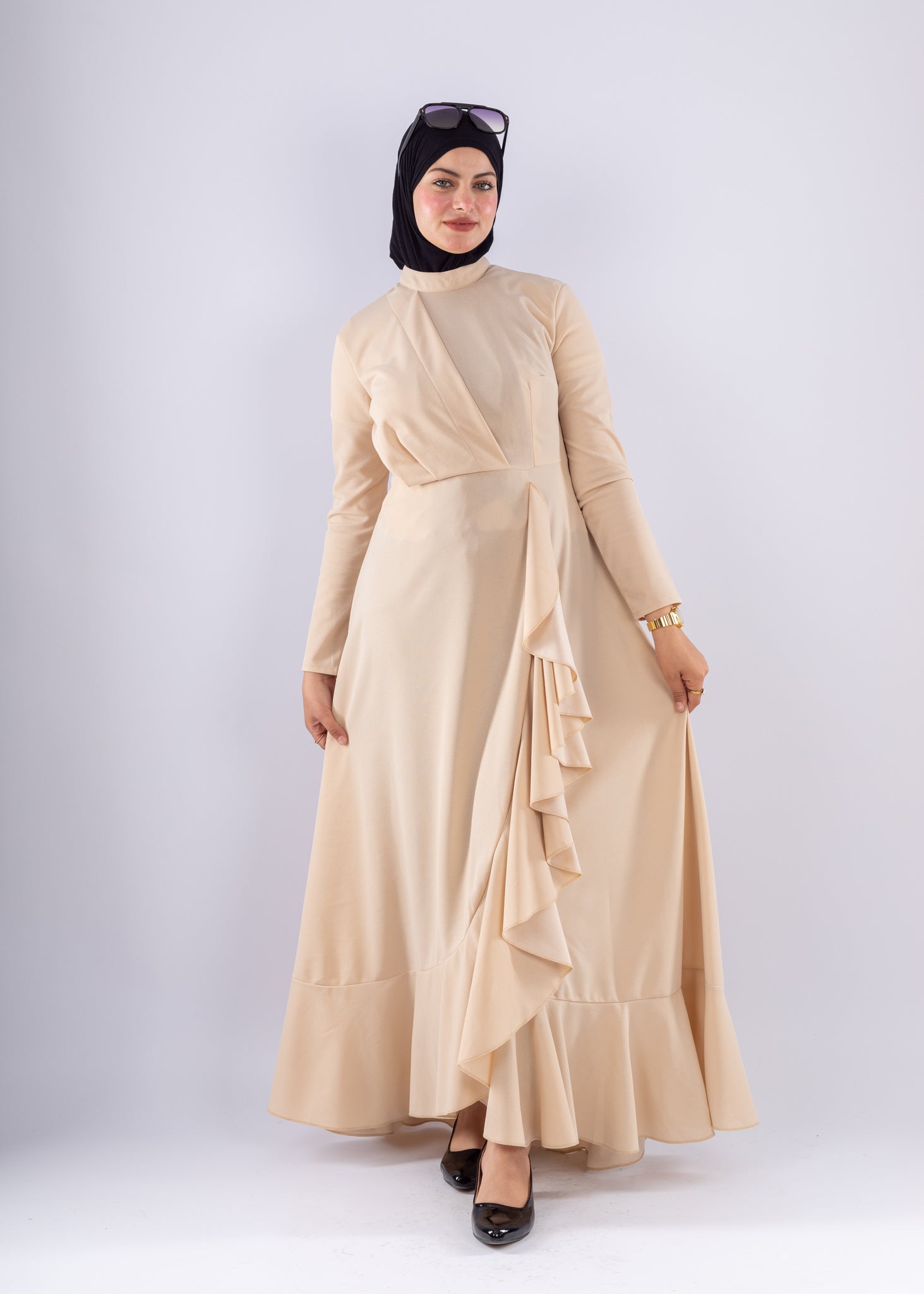 Baraa Beige Ruffle Maxi Dress - Ruehaya