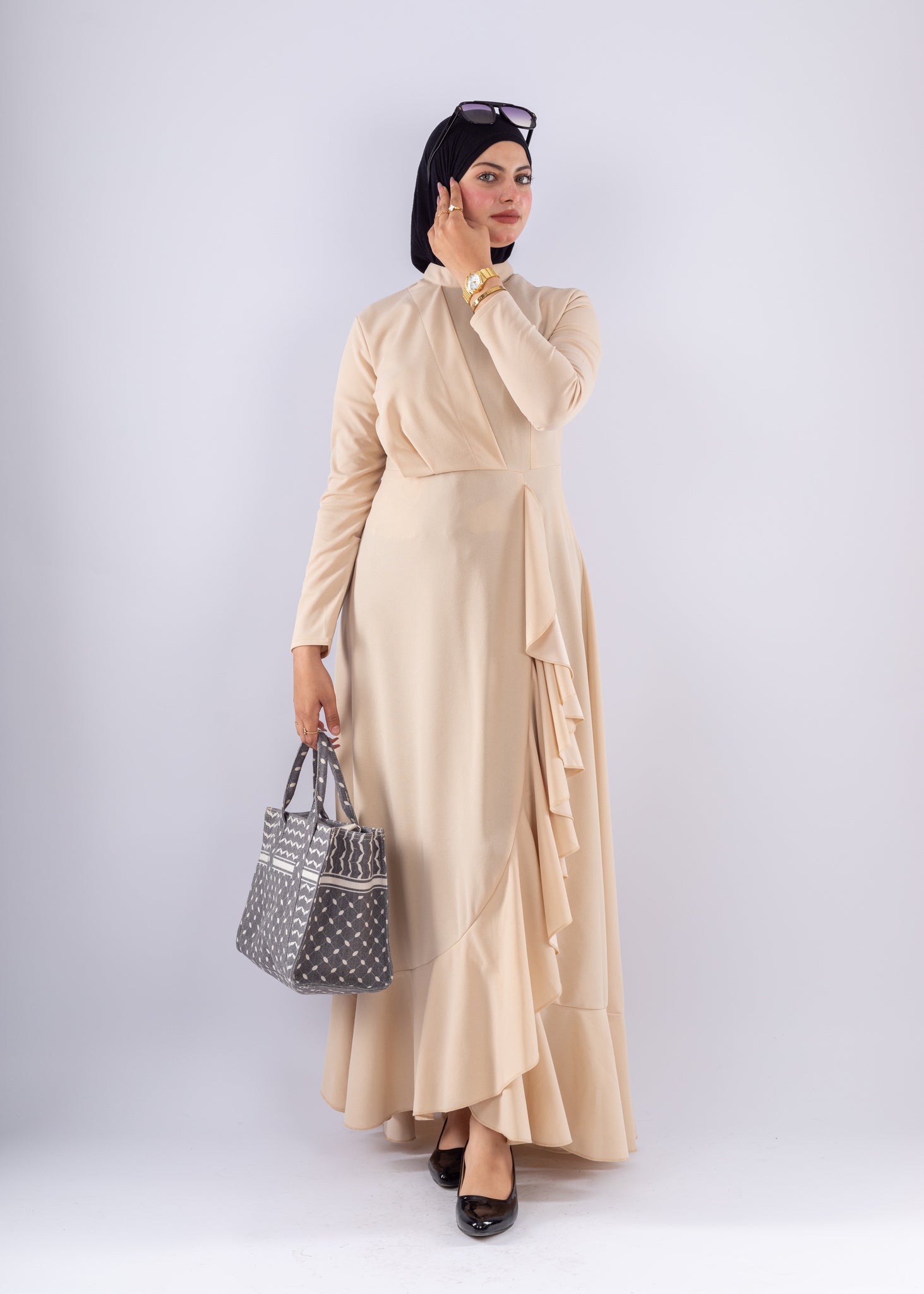 Baraa Beige Ruffle Maxi Dress - Ruehaya
