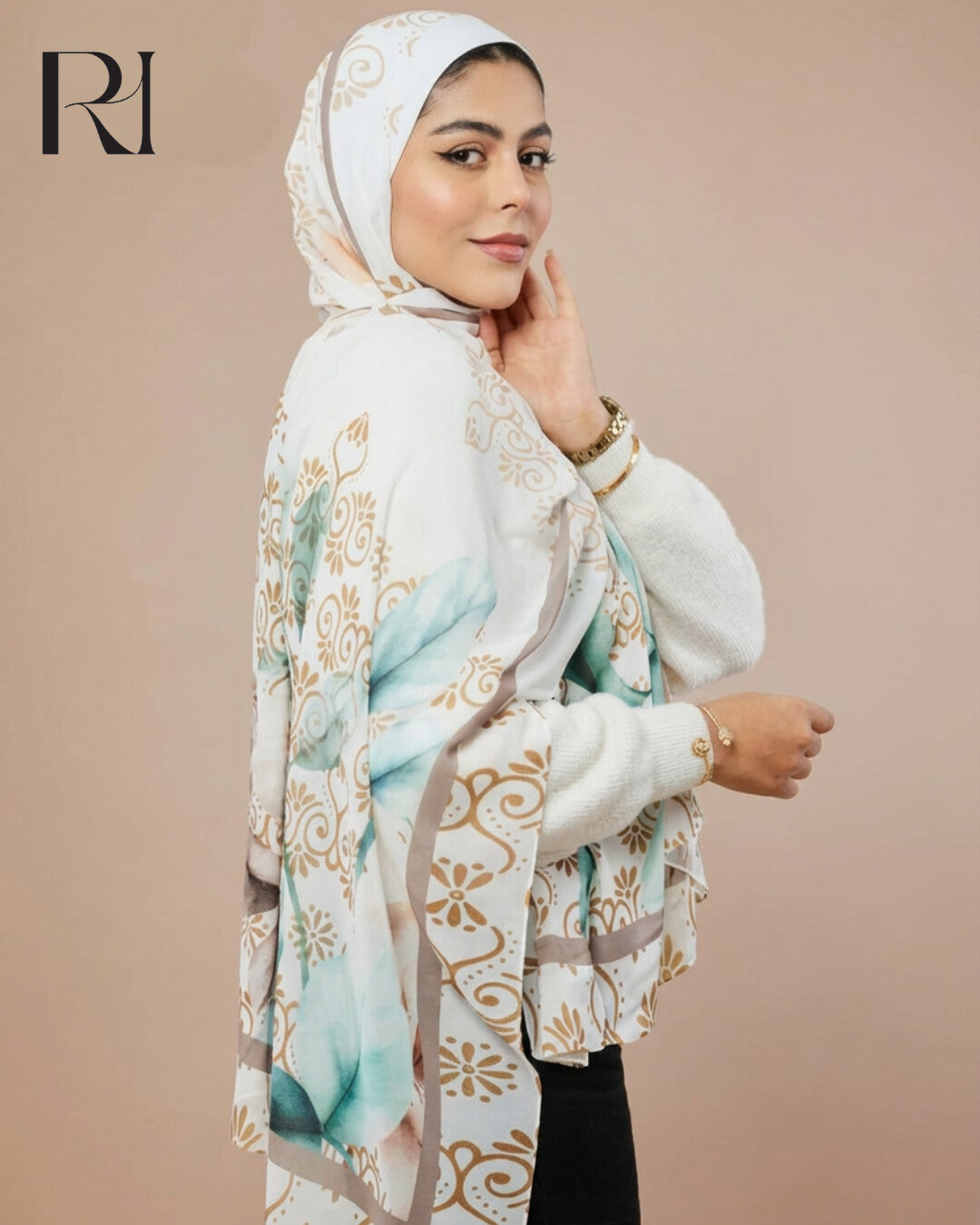 Beautiful Elegance: Ruehaya Gold Floral Chiffon Hijab - Ruehaya