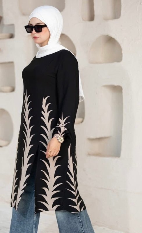 Beige Modern Elegance Printed Tunic Chic & Modest - Ruehaya