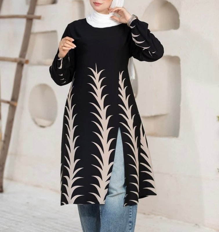Beige Modern Elegance Printed Tunic Chic & Modest - Ruehaya