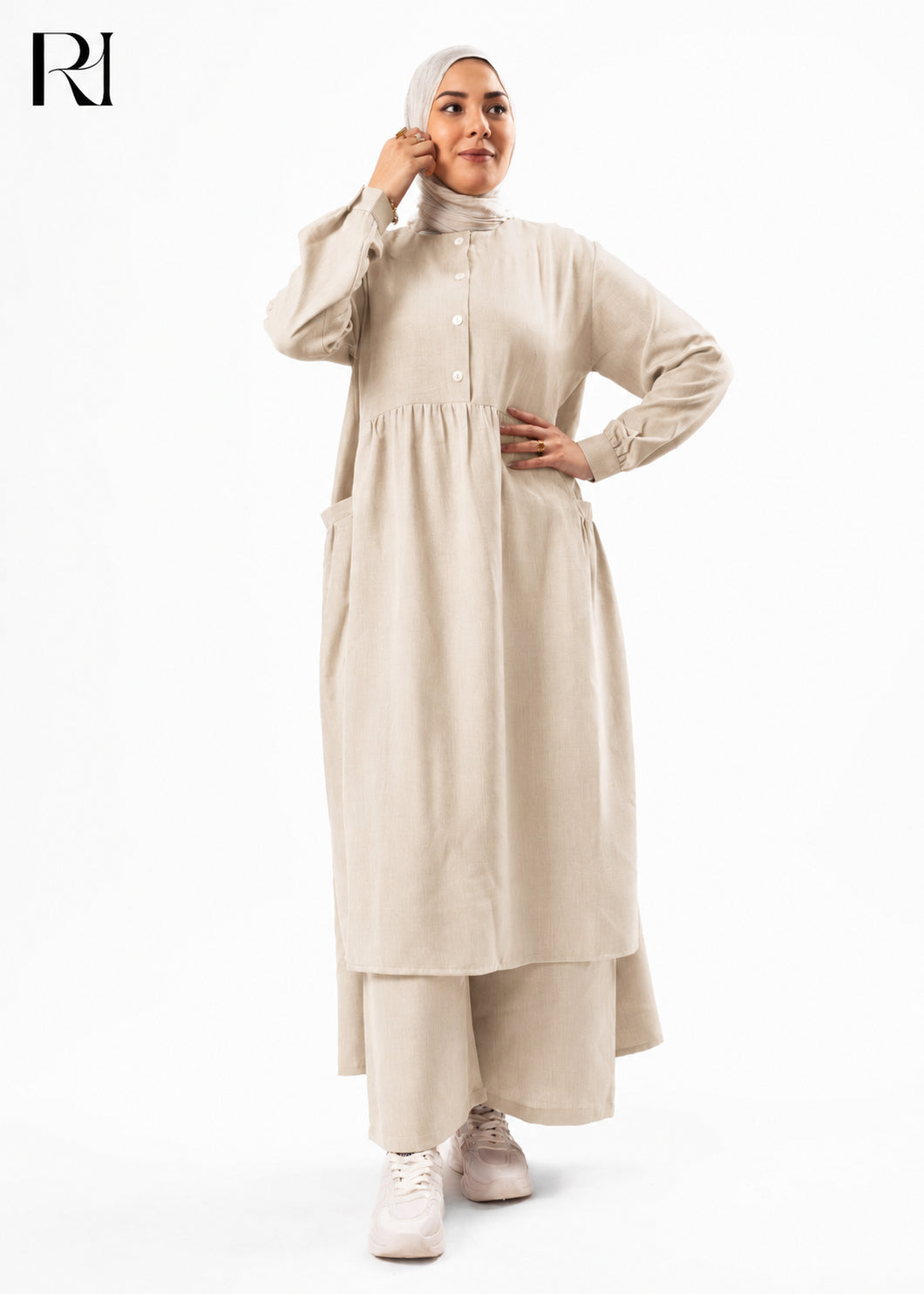 Maram Linen Blend Two-Piece Modest Set – Beige