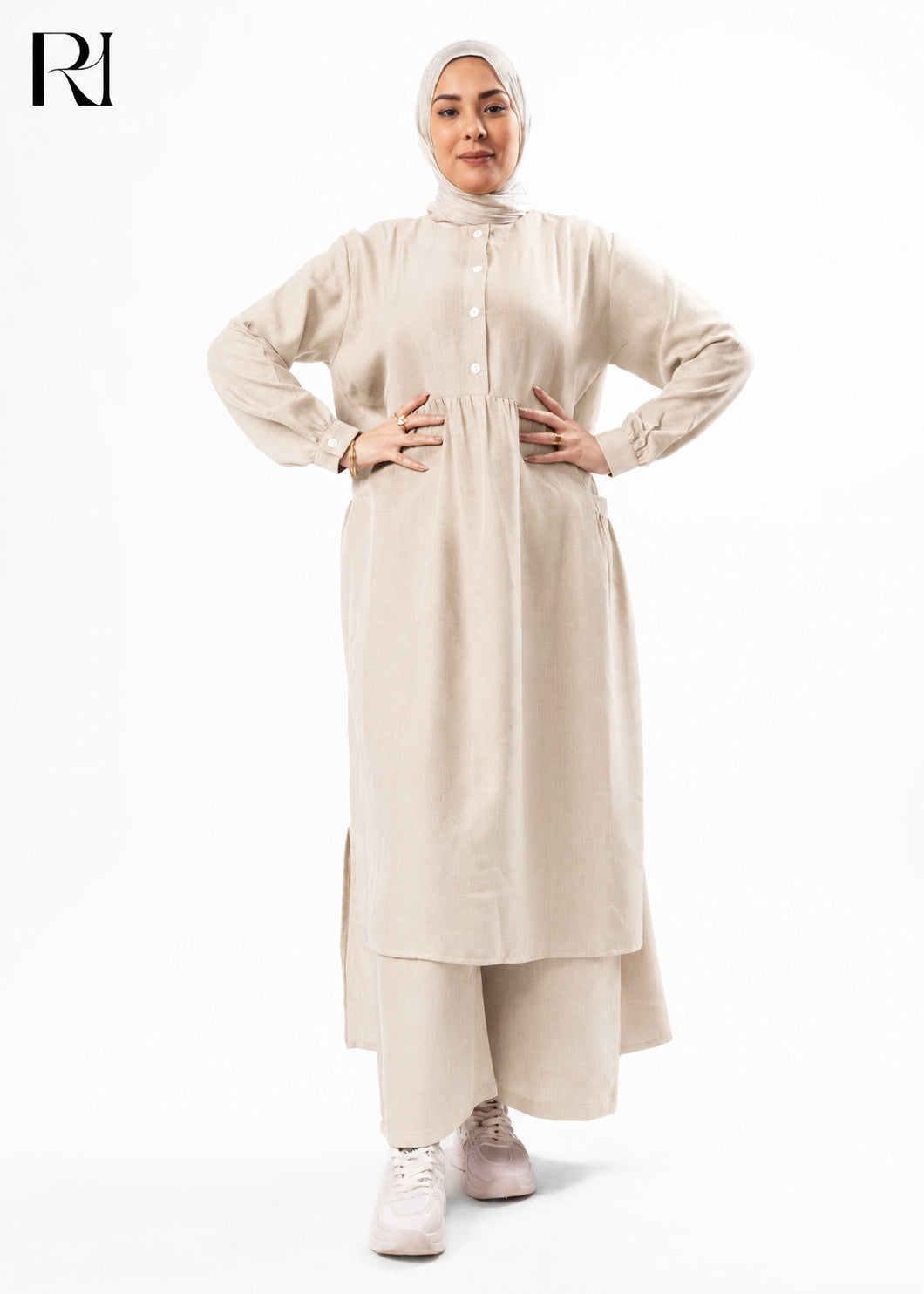 Maram Linen Blend Two-Piece Modest Set – Beige