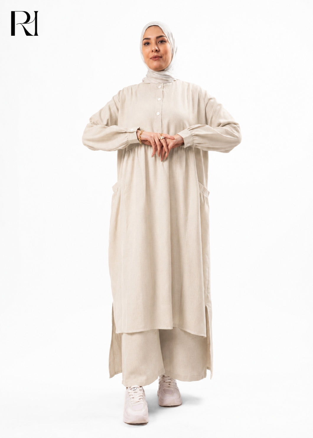 Maram Linen Blend Two-Piece Modest Set – Beige