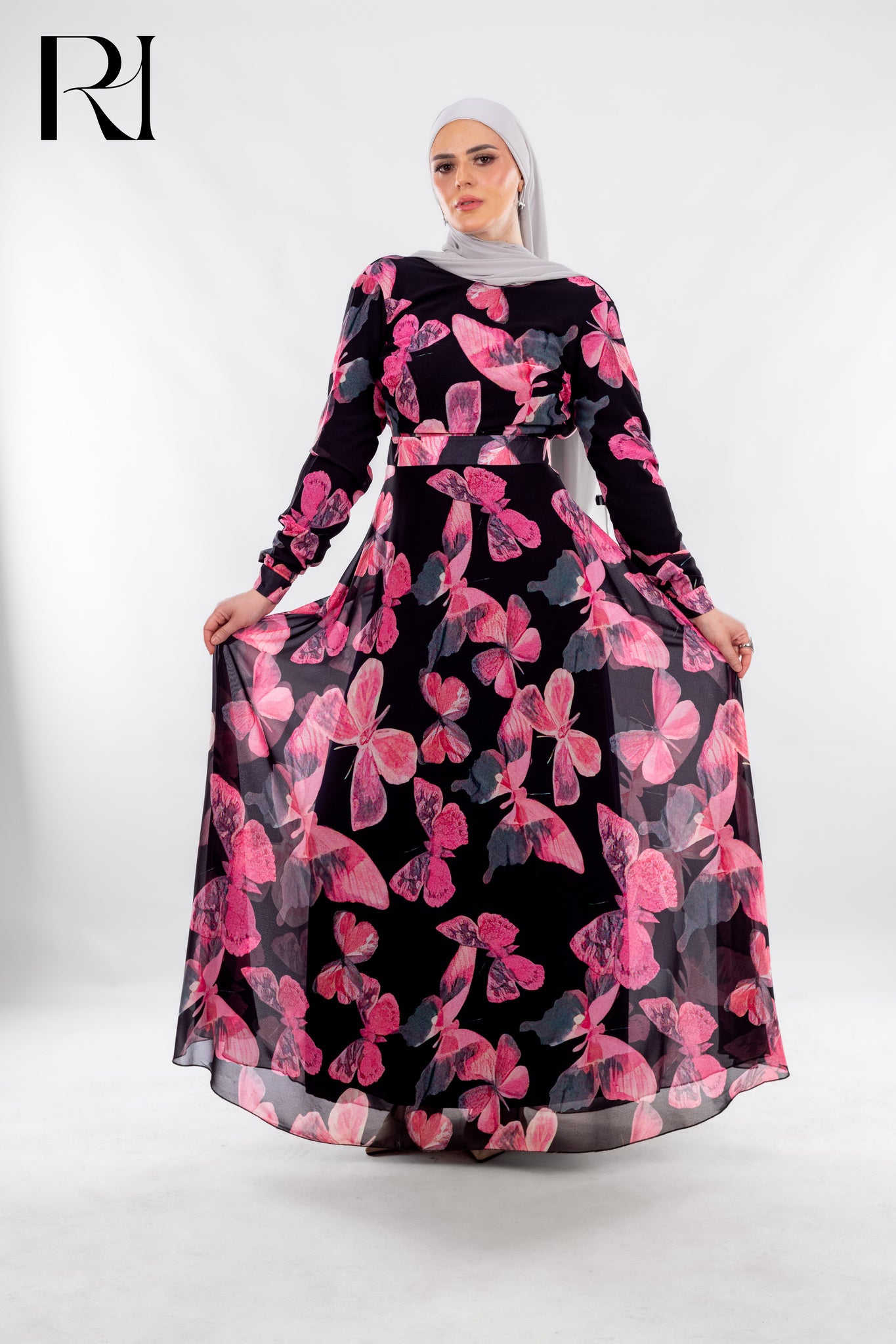 Black Butterfly Print Modest Dress with Modern Grace - Ruehaya