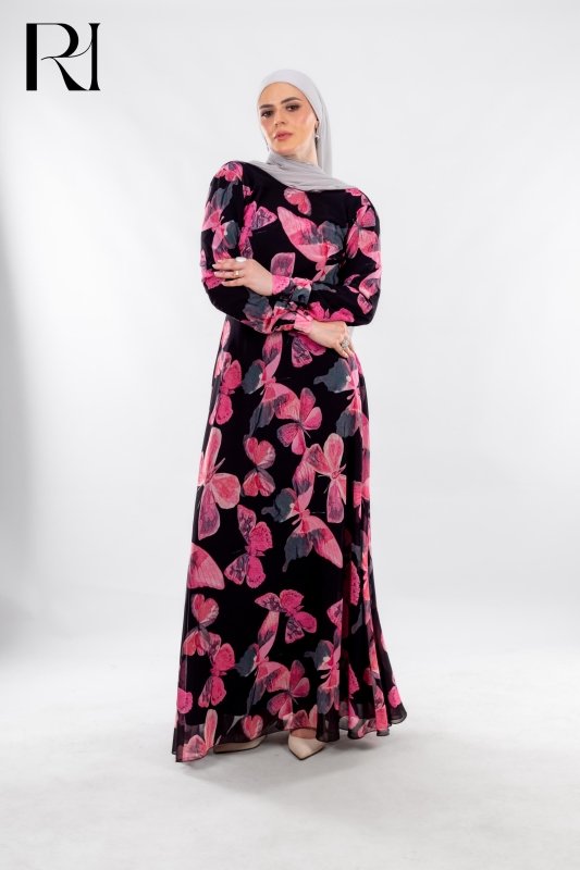 Black Butterfly Print Modest Dress with Modern Grace - Ruehaya