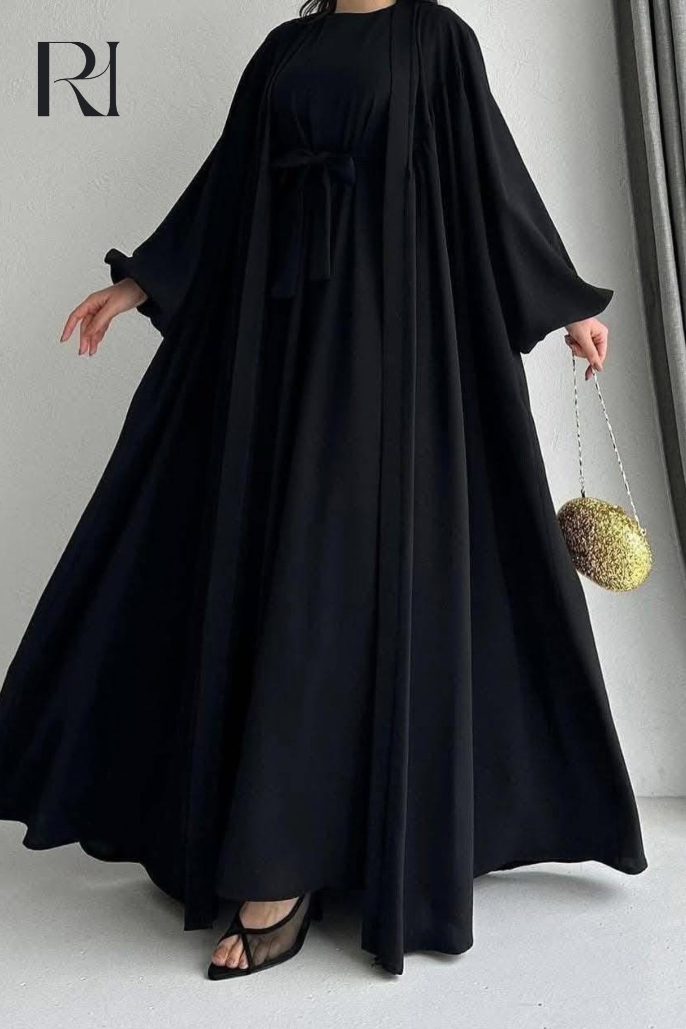 Yusra Flowy Lightweight Silk Abaya Set - Black Black / US 16 Yusra Flowy Lightweight Silk Abaya Set - Black Black / US 16