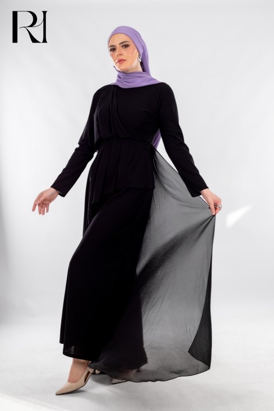 Black Flowy Jumpsuit with Chiffon Overlay - Ruehaya