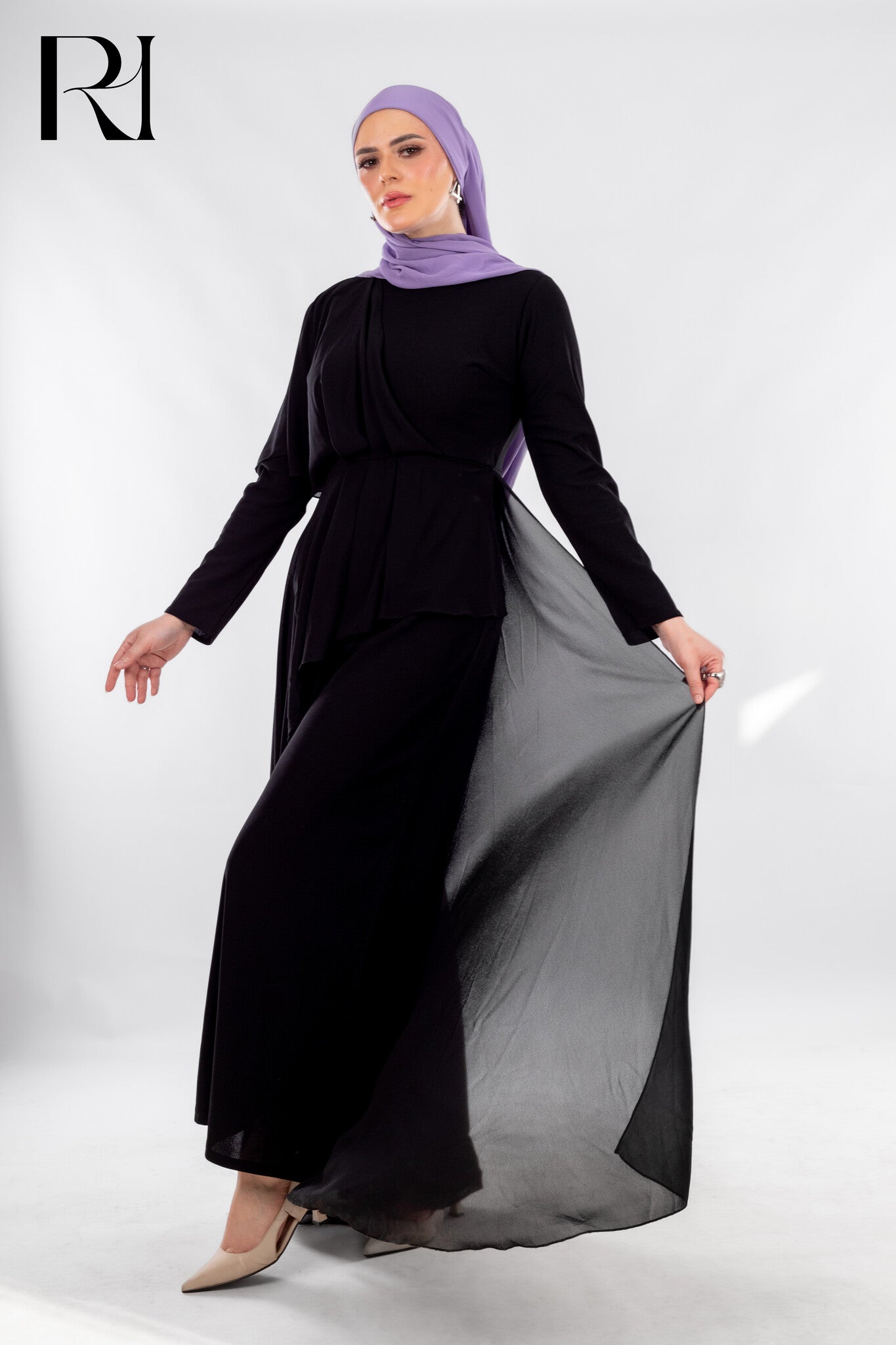 Black Flowy Jumpsuit with Chiffon Overlay - Ruehaya