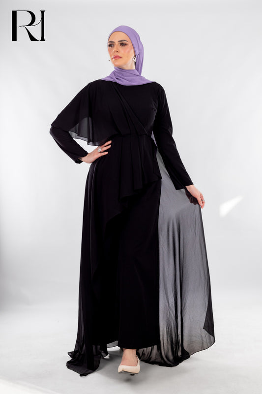 Black Flowy Jumpsuit with Chiffon Overlay - Ruehaya
