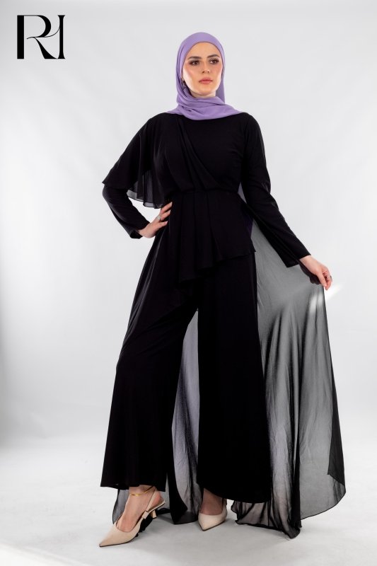 Black Flowy Jumpsuit with Chiffon Overlay - Ruehaya