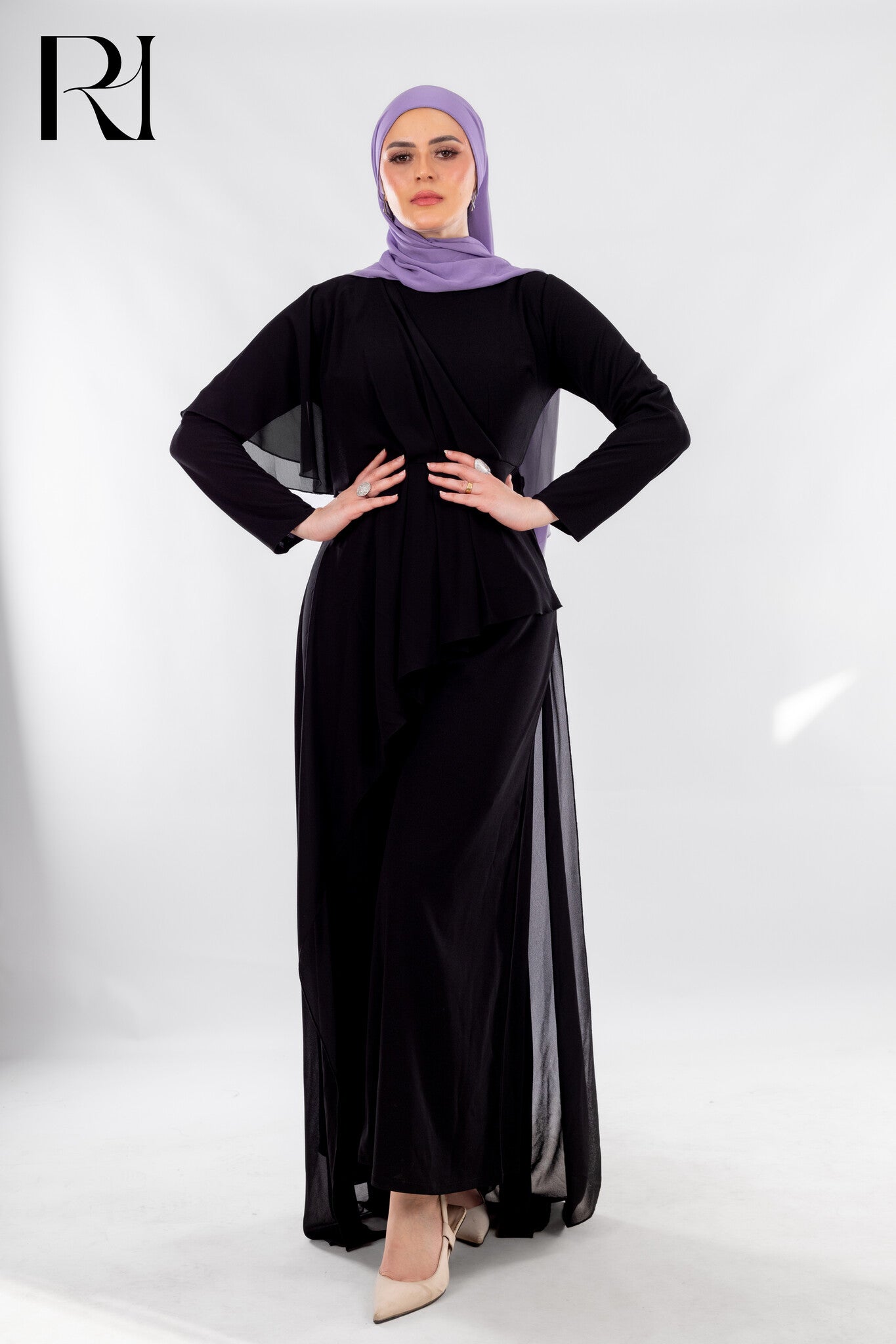 Black Flowy Jumpsuit with Chiffon Overlay - Ruehaya
