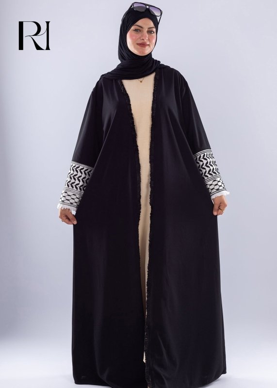 Black Keffiyeh Inspired Abaya Elegant Modest Wear - Ruehaya